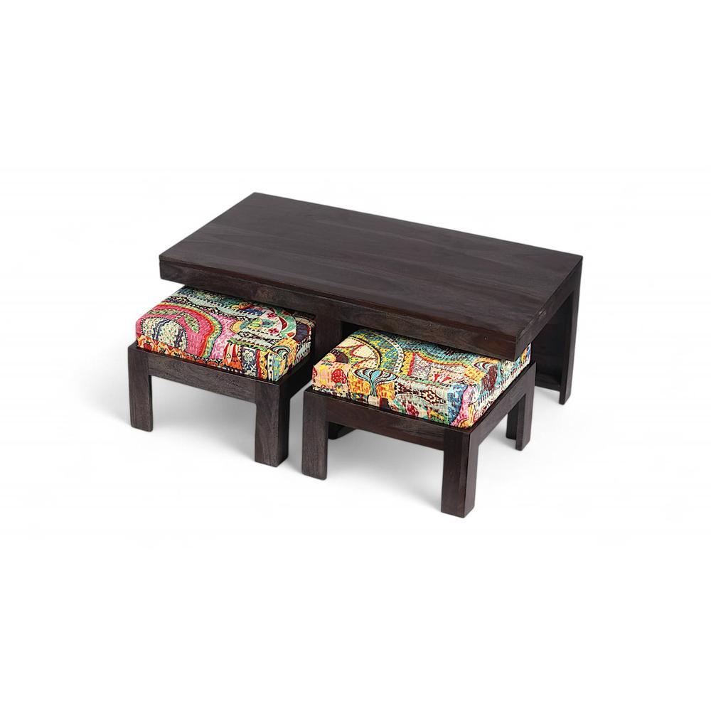 Irish Sheesham Wood Coffee Table With 2 Stools Set In Mahogany Finish & Multi Colour Israel Print Kantha Fabric Cushions