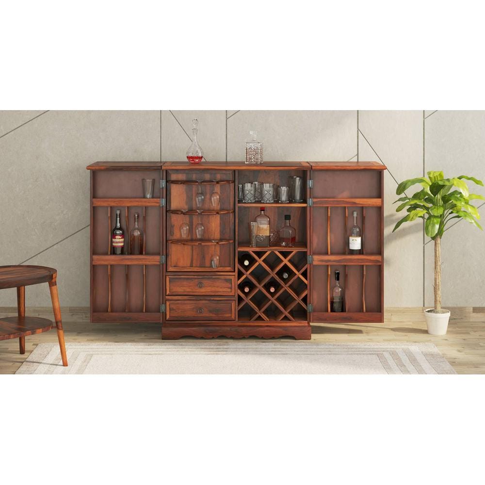 Keaton Sheesham Wood Bar Cabinet in Honey Oak Finish