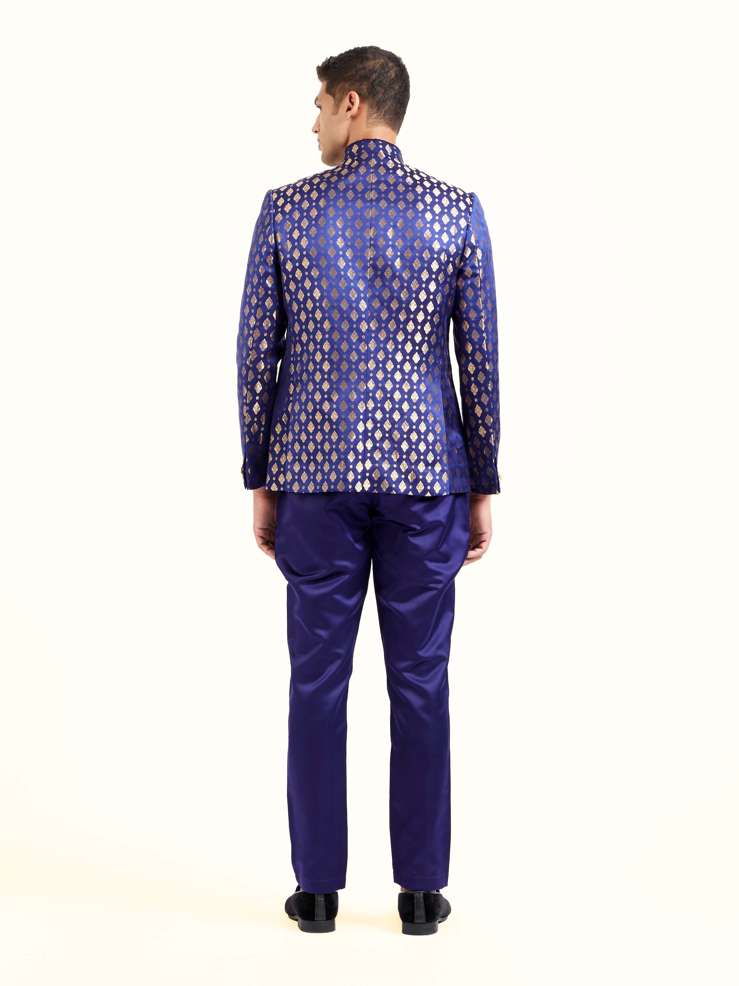 Back view of navy blue silk Banarasi brocade bandhgala displaying design details