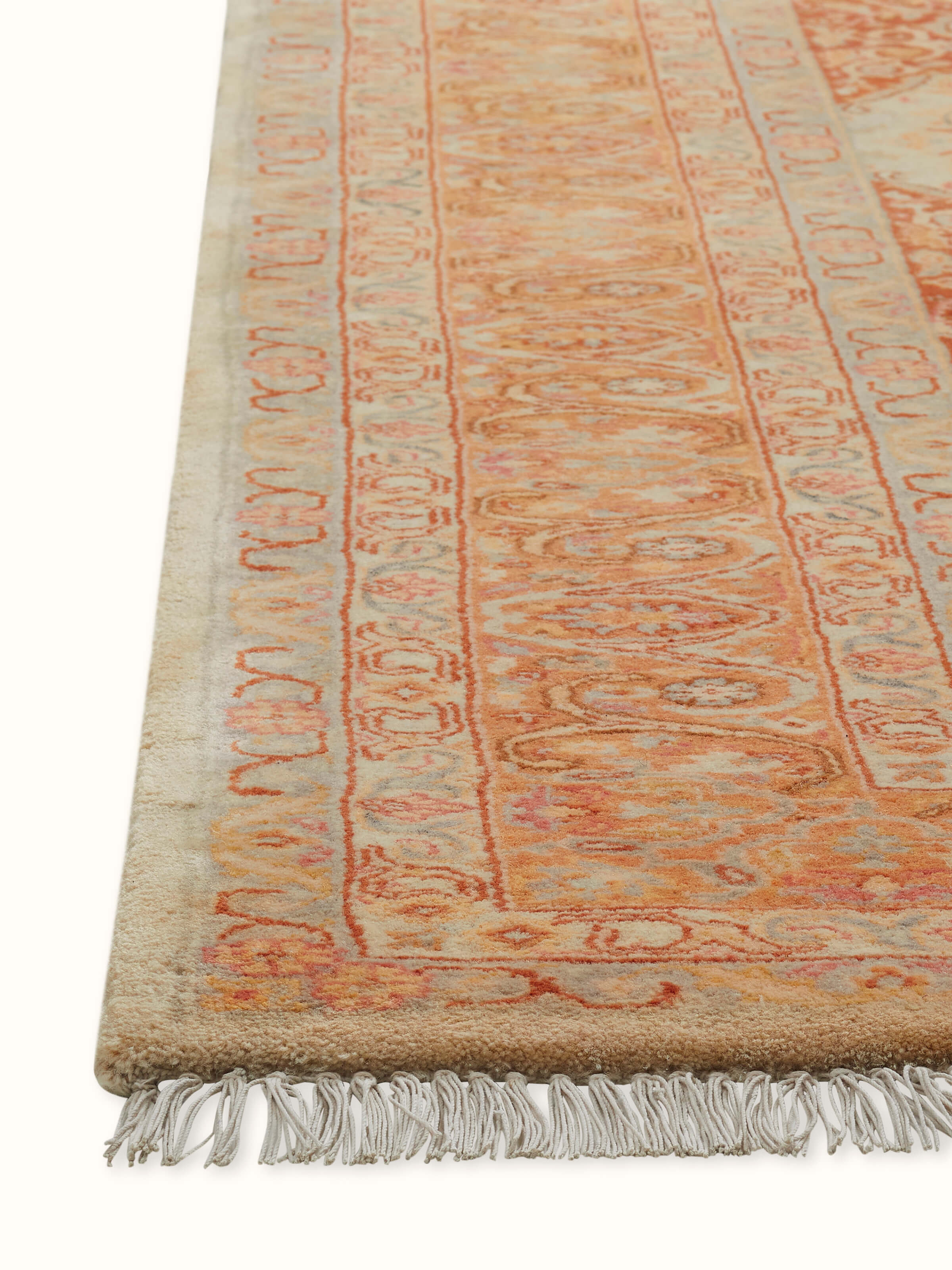 Side-angle view of the Traditional Ziegler Rust Bhadohi Wool Hand Knotted Rug