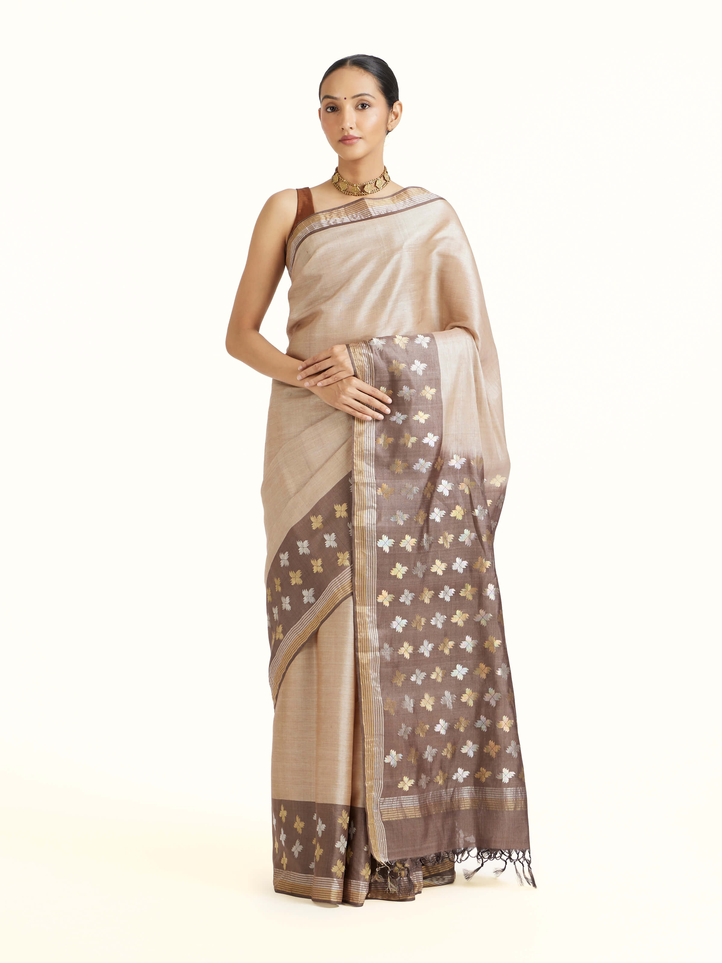 Beige Tussar Silk Saree