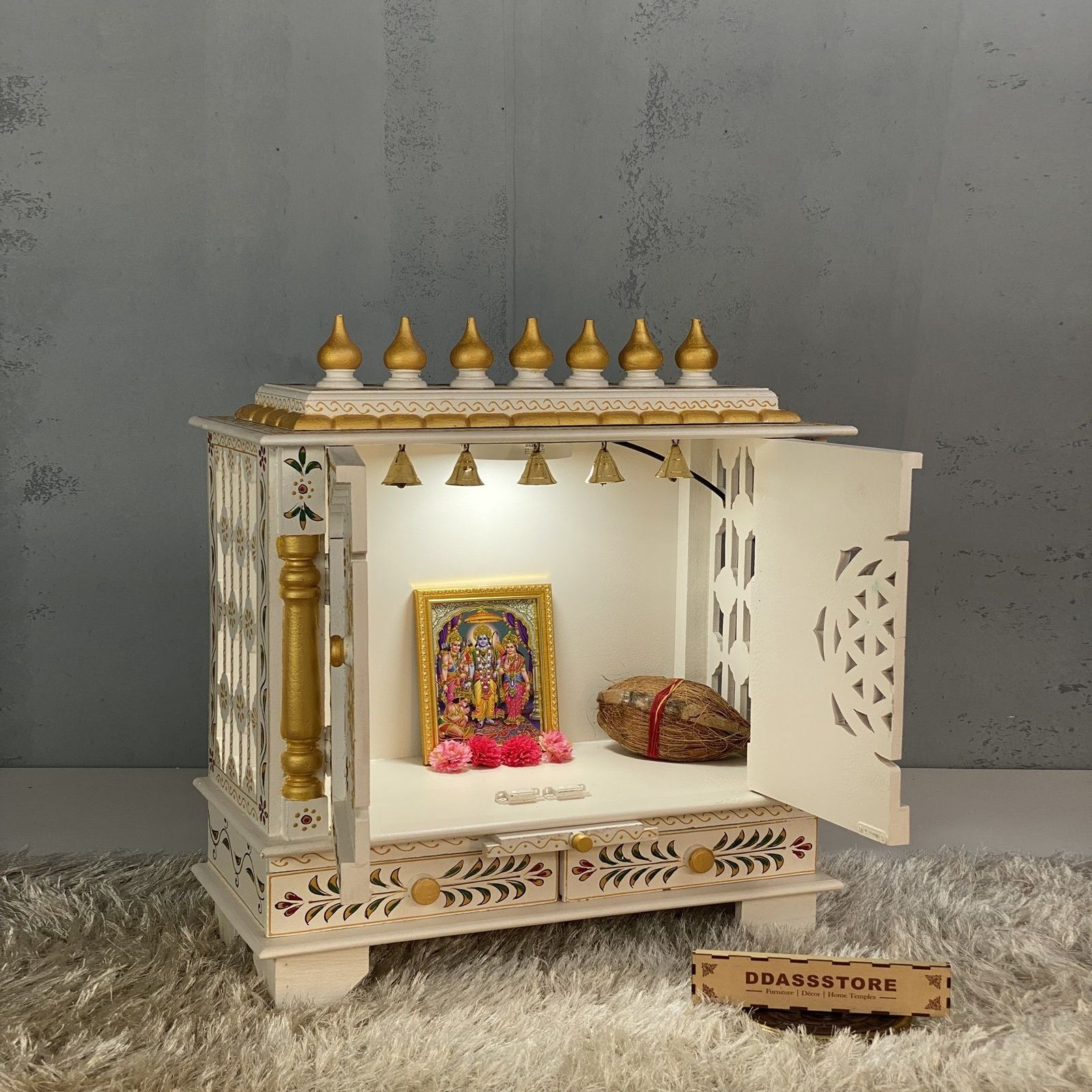 D'Dass Red Mdf and Sheesham Wooden Temple For Pooja - D'DASS