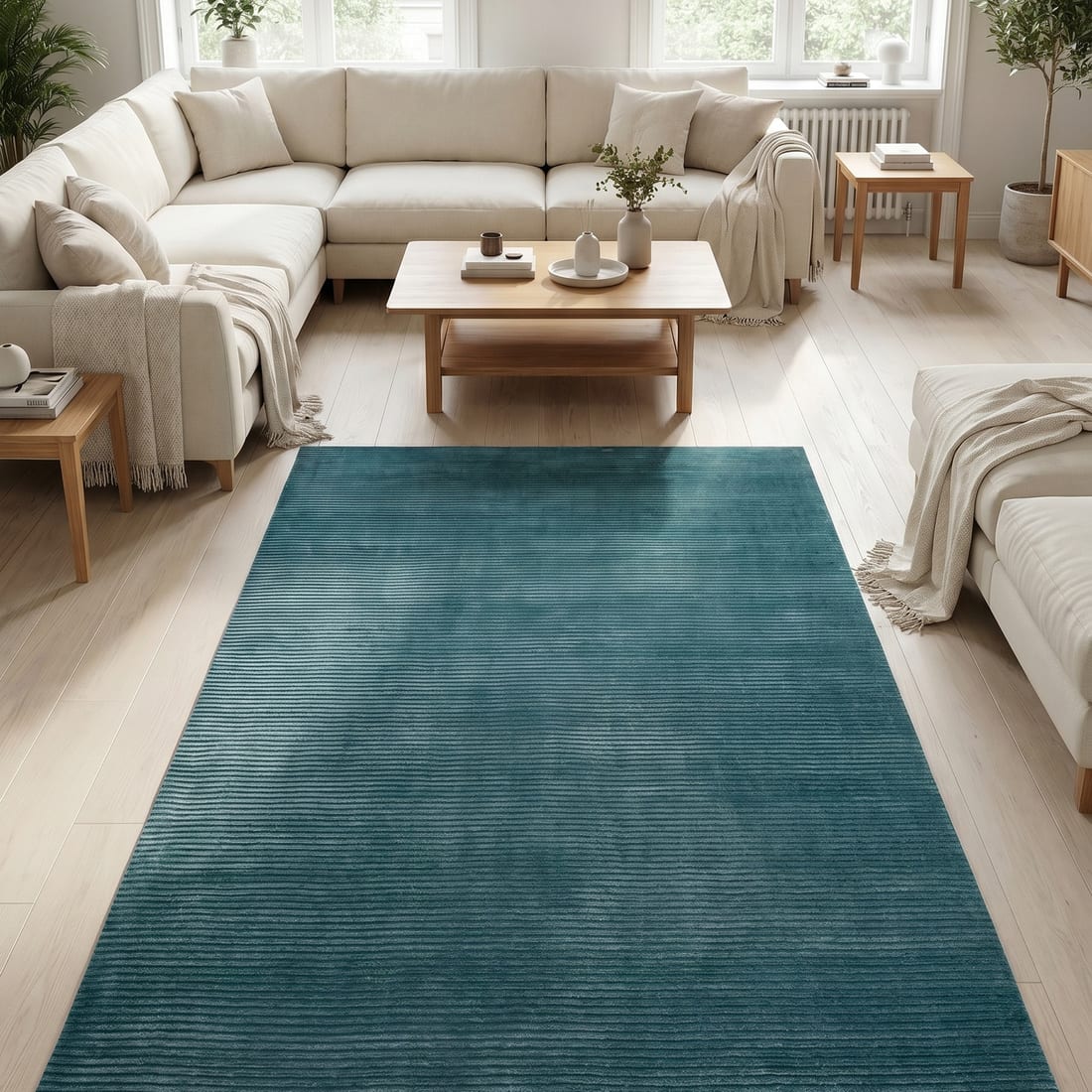 Jaipur Rugs Striped Wool And Viscose 5x8 Feet Deep Turquoise Handloom Carpet