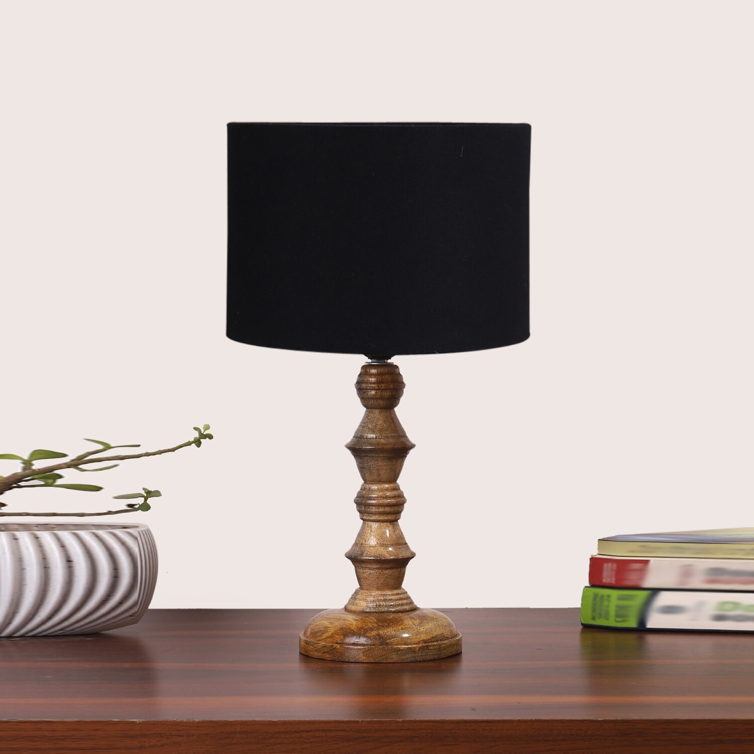 Devansh Black Cotton Table Lamp With  Wood Natural Base (7X7X15.5 Inches)-3