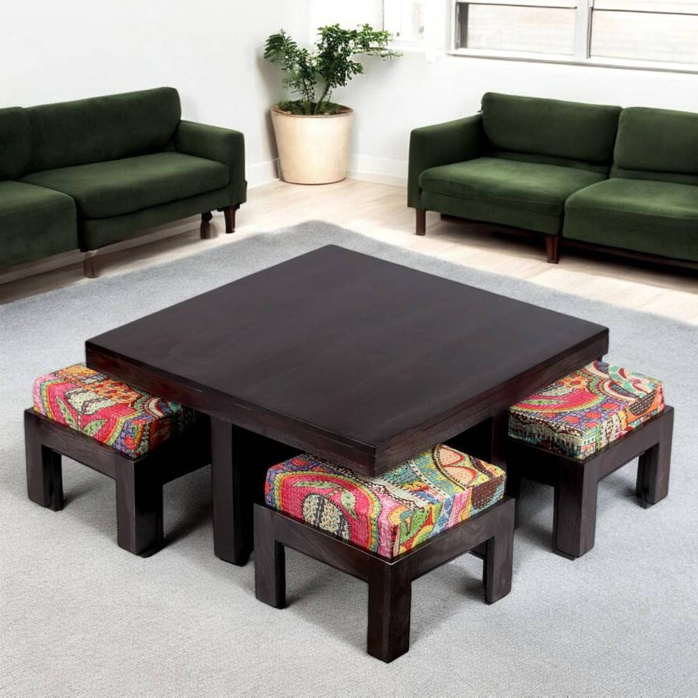 Blane Sheesham Wood Coffee Table With 4 Stools Set In Mahogany Finish & Multi Colour Israel Print Kantha Fabric Cushions