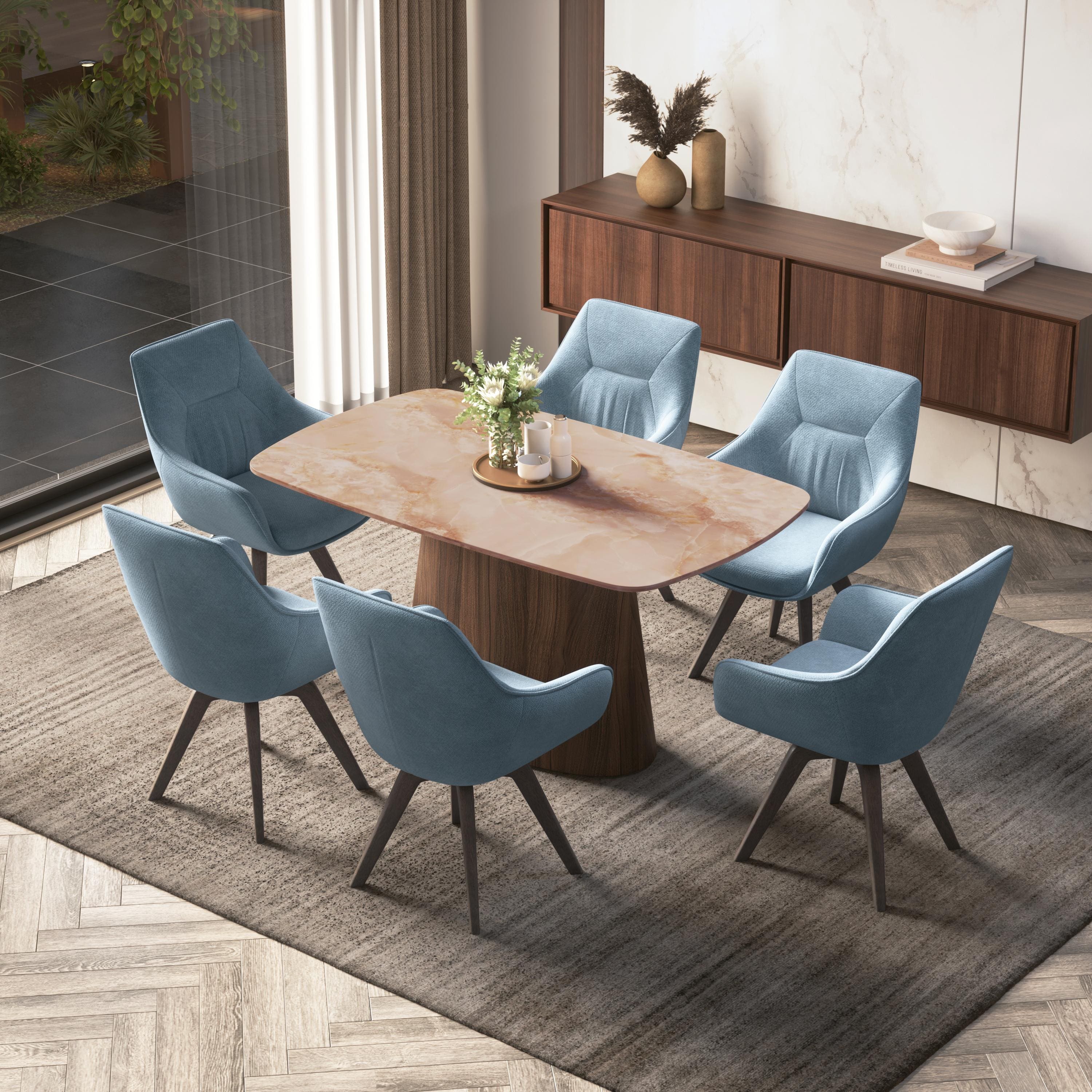 Nola 6 seater Compact Dining Table in Amber Jade Ceramic with Wella Dining Chair in Blue Fabric
