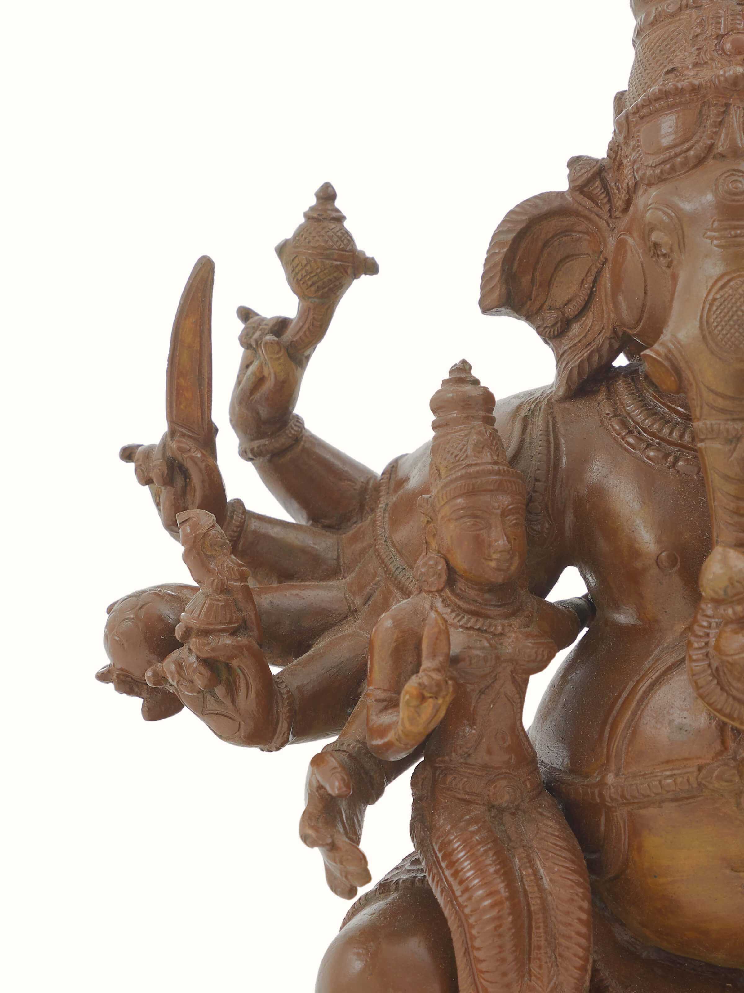 Side view of Spectacular Bronze Casting Ganesha with Siddhi Buddhi Idol by Swadesh emphasizing its intricate detailing and artistic flair.