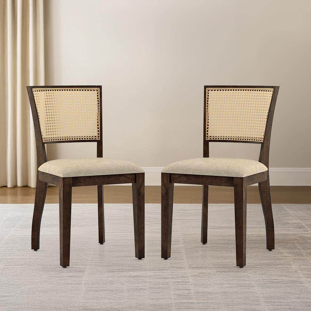 Reed Cane Chair Set Of 2 In Finish Danish Walnut Colour Macadamia Brown Hopsack Weave