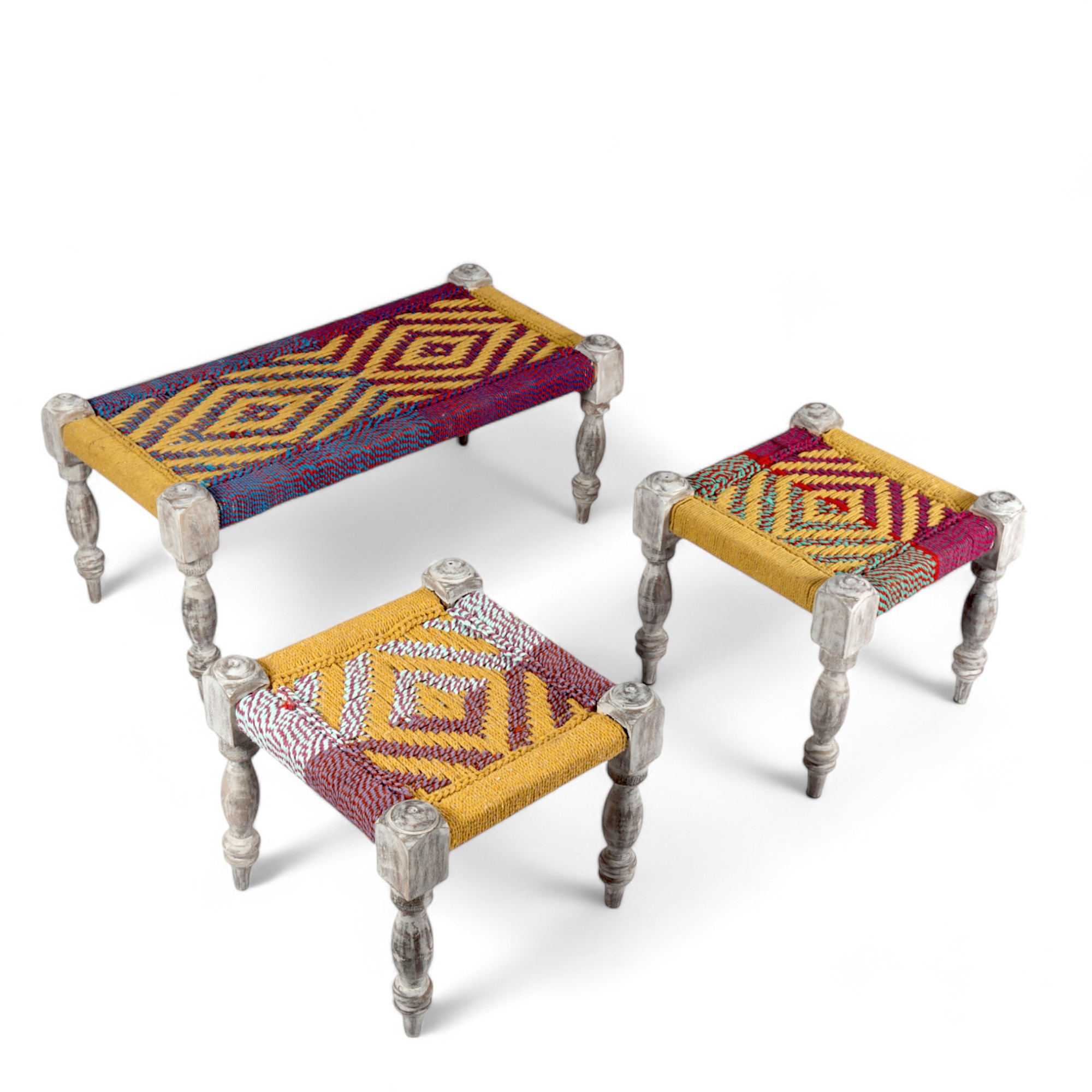 Oakville Sheesham Wood Vintage Seater Maachi Bench Set  2 Stools In Multi Colour Chindi  Yellow Rope