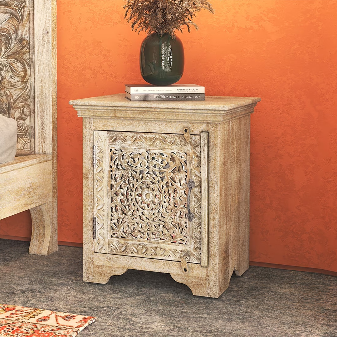 Anokhi Solid Wood Bedside Table In Rustic White Finish - Urban Ladder