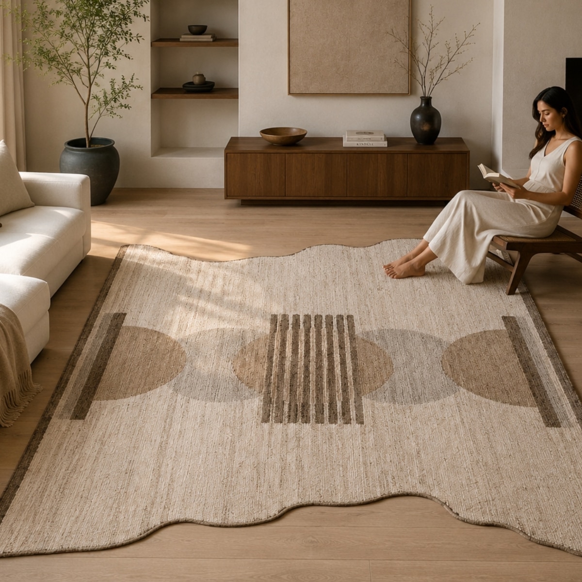 Handmade Wool Shaped Rug Modern Minimalist Beige 10 x 14 Feet Carpet - NEU LOOMS