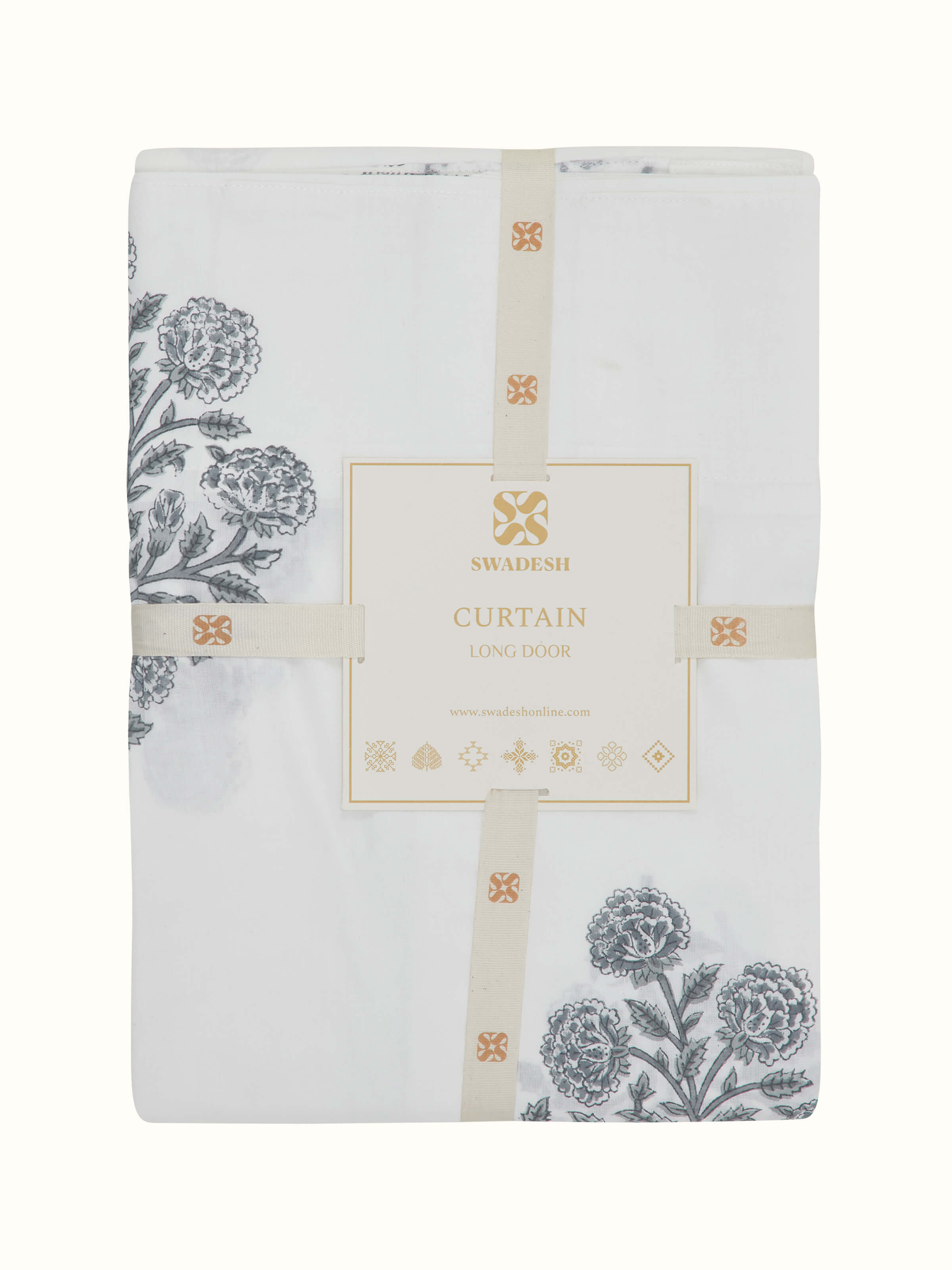 Back view of Saha Grey Floral Sanganeri Curtain, showing full-length fabric drop and subtle hem stitching.