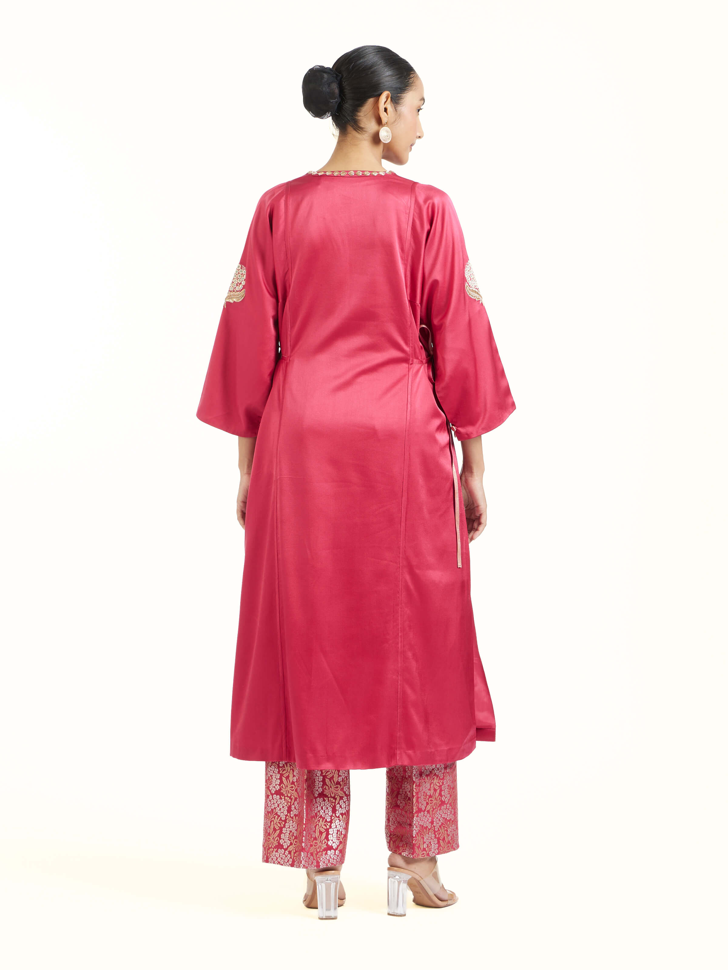 Back view of berry silk Banarasi co-ord set displaying complete ensemble