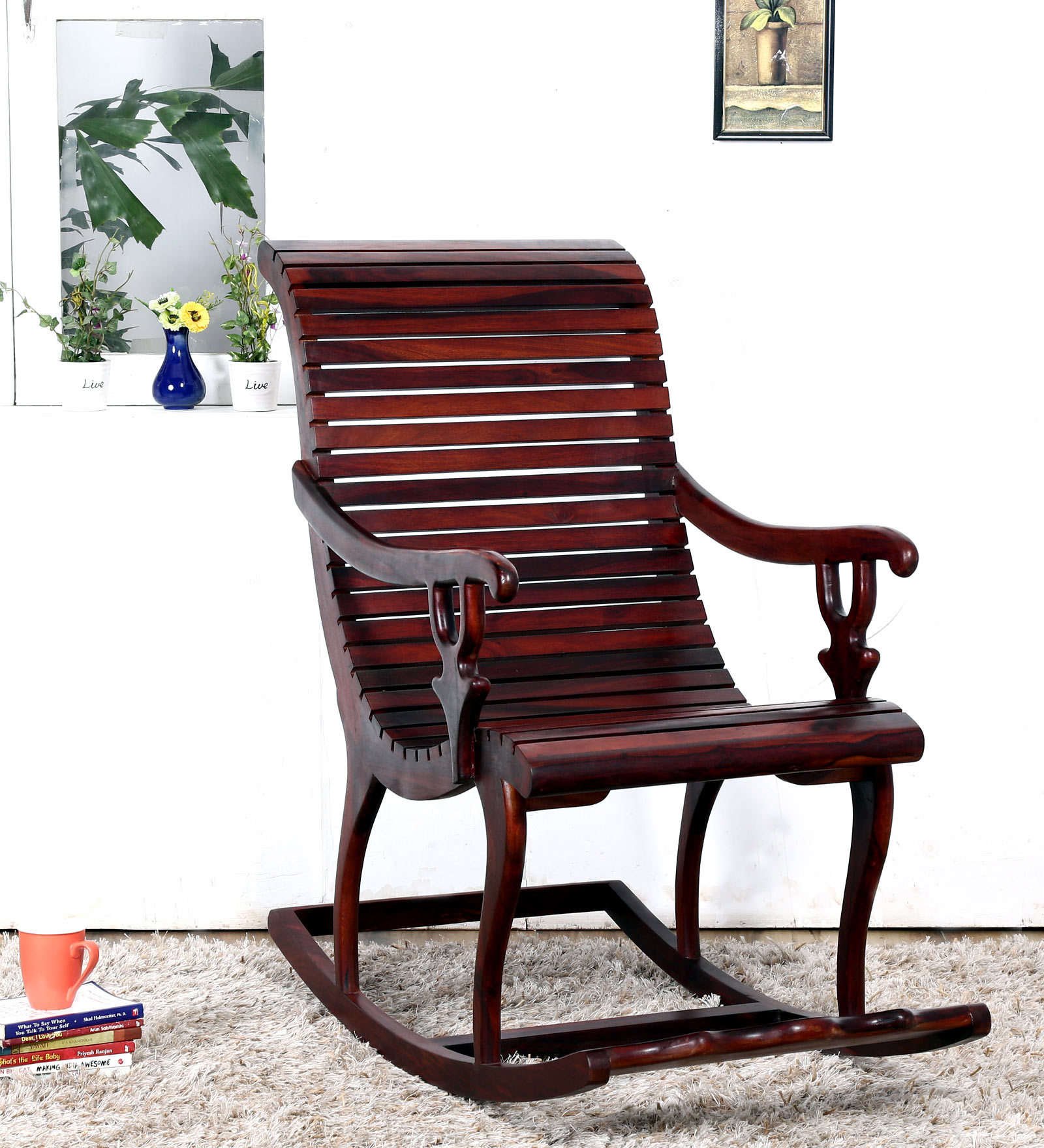 Rajasthani Solid Wood Rocking Chair in Mahogany Colour - Woodenmood