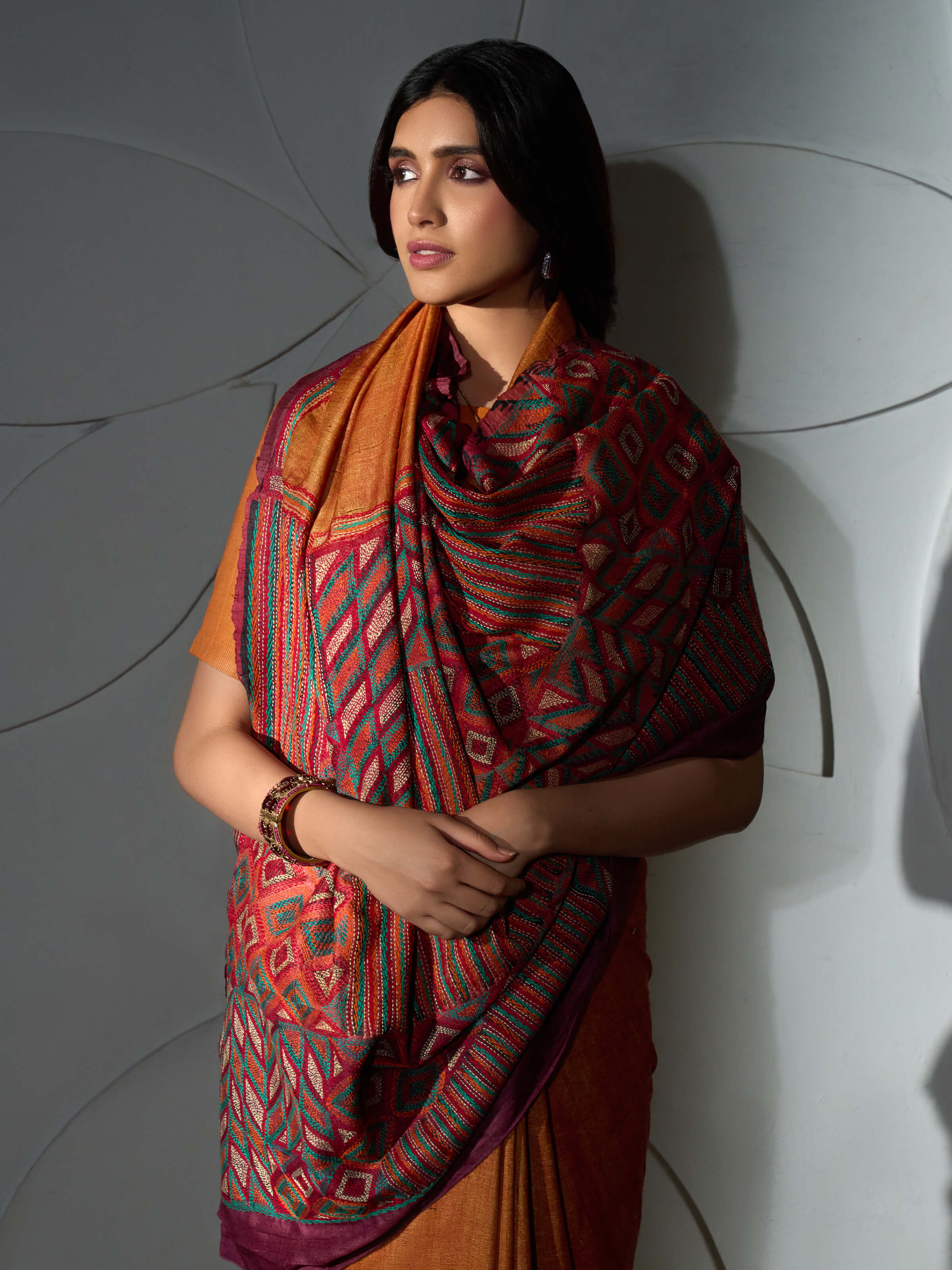 Rustorange Tussar Silk Discharge Block Kantha Embroidered Saree