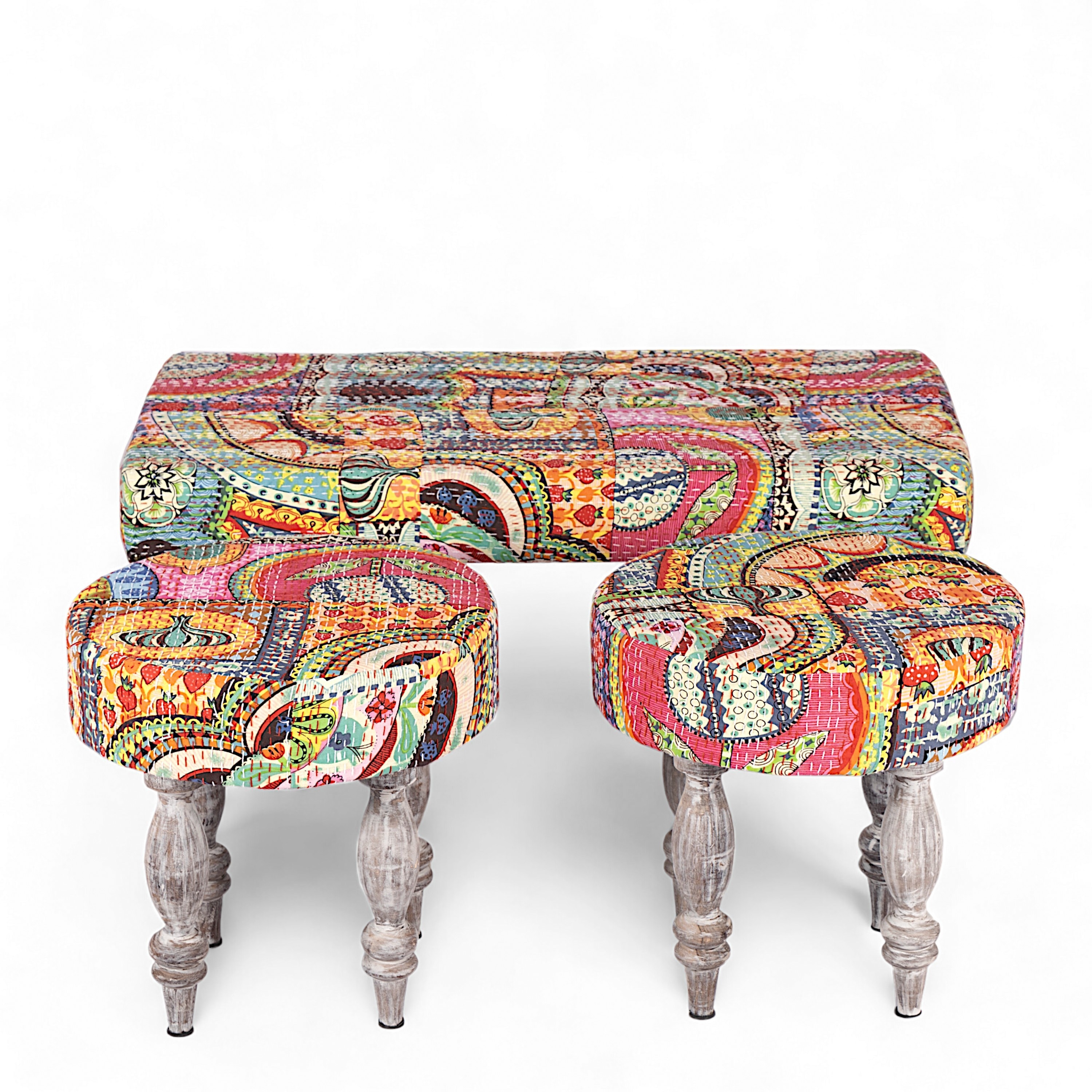Bestone Sheesham Wood Bohemian 2+1+1 Seater Bench Set With 2 Stools In Israel Print Patchwork Kantha