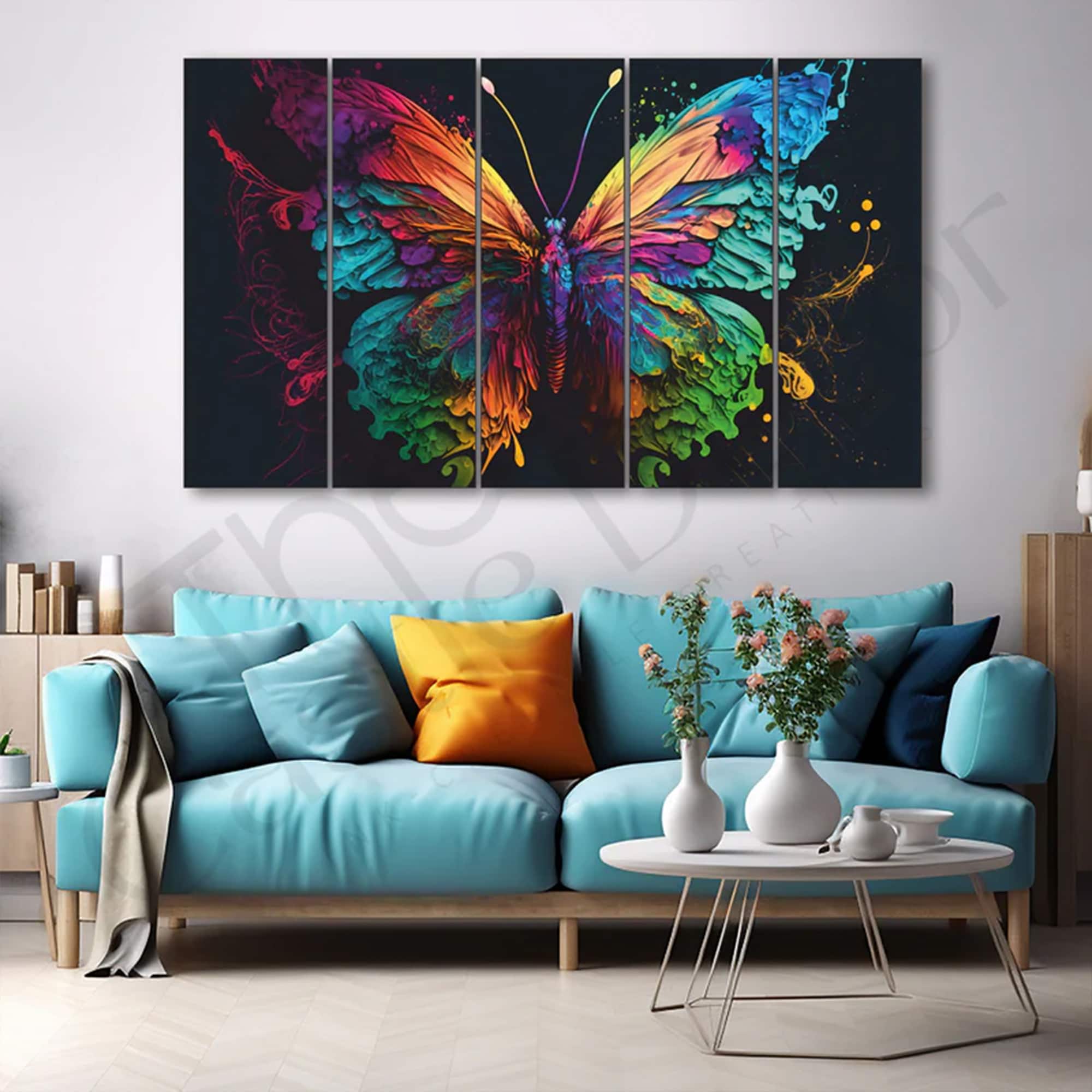 The Castle Decor Multicolour Butterfly Wall Art Set of 5 Digital Painting 27x48 Inch - The Castle Decor