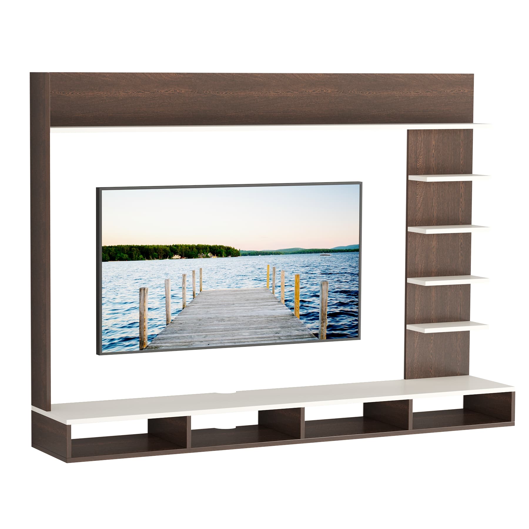 BLUEWUD Primax Grande Large Engineering Wood Wall Mount TV Entertainment Unit Set Top Box Stand/TV Cabinet Panel with Shelves for Books & D�cor Display Unit, Ideal for 50� (Wenge & White)