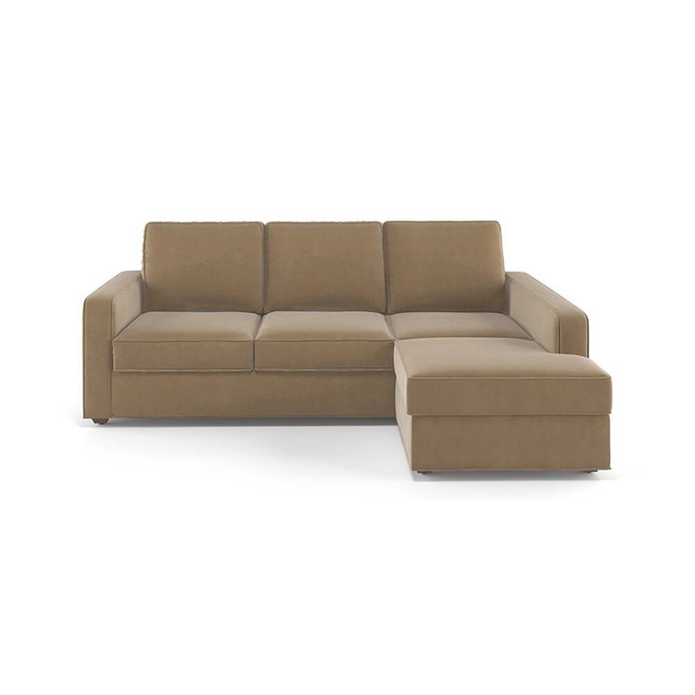 Apollo Sofa (Colour : Fawn Velvet, Cushion : Hard, Back Type : Regular, Seating Capacity : Right Aligned 2 Seater + Right Aligned Chaise + Ottoman) - Urban Ladder