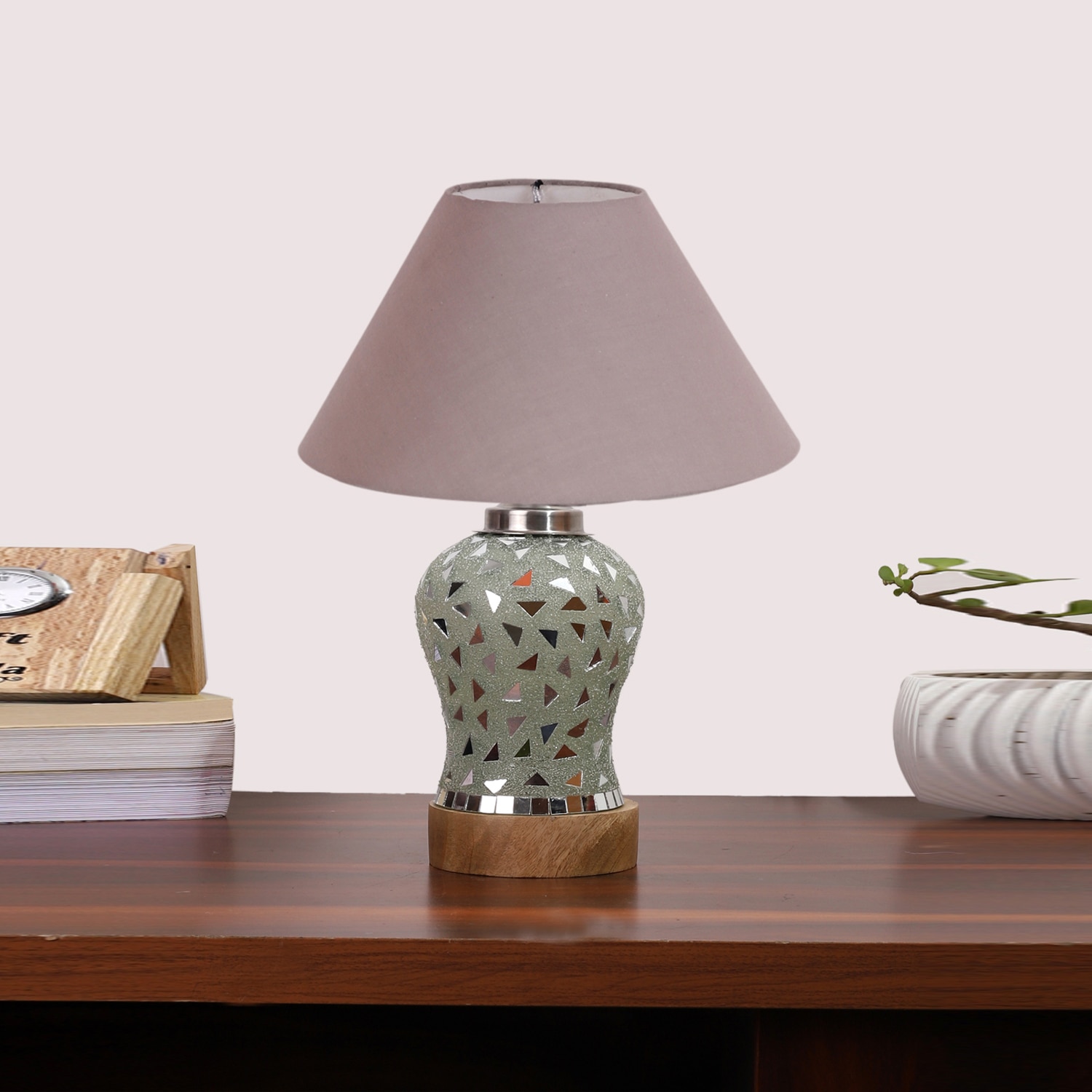 Devansh Conical Grey Cotton Shade Lamp With Wood & Mosaic Glass Base For Decoration/Office/Home/Gifting/Study For Decoration/Office/Home/Gifting/Study -(10X10X14.5) Inches -A