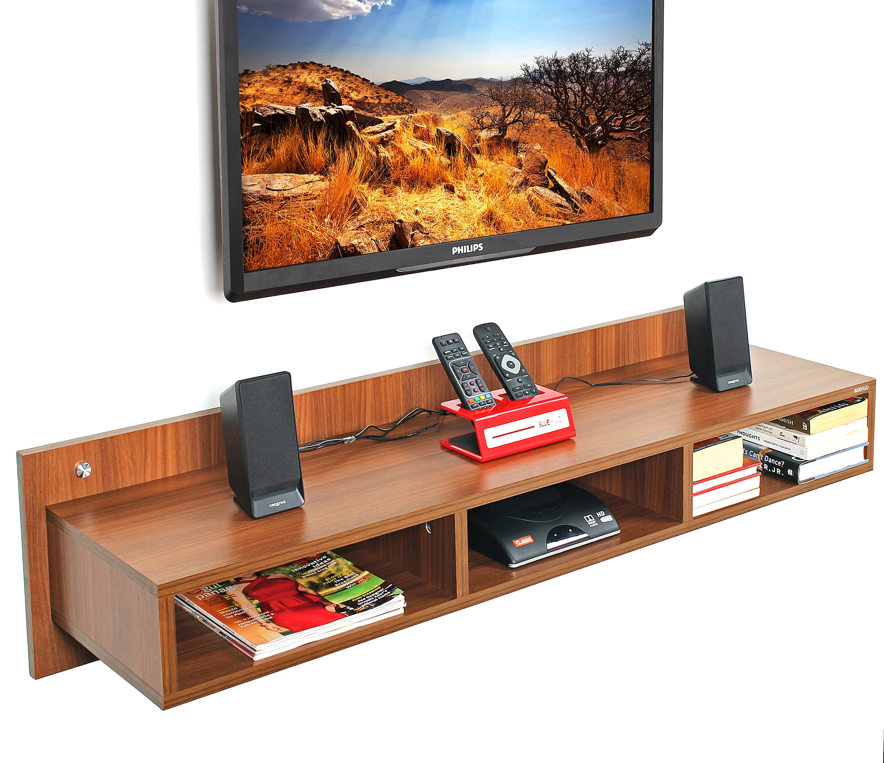 BLUEWUD Reynold Engineering Wood Wall Mount TV Entertainment Unit Set Top Box Stand/TV Cabinet Panel with Shelves for Books & D�cor Display Unit Bed Living Room Upto 55 Inches (Walnut)