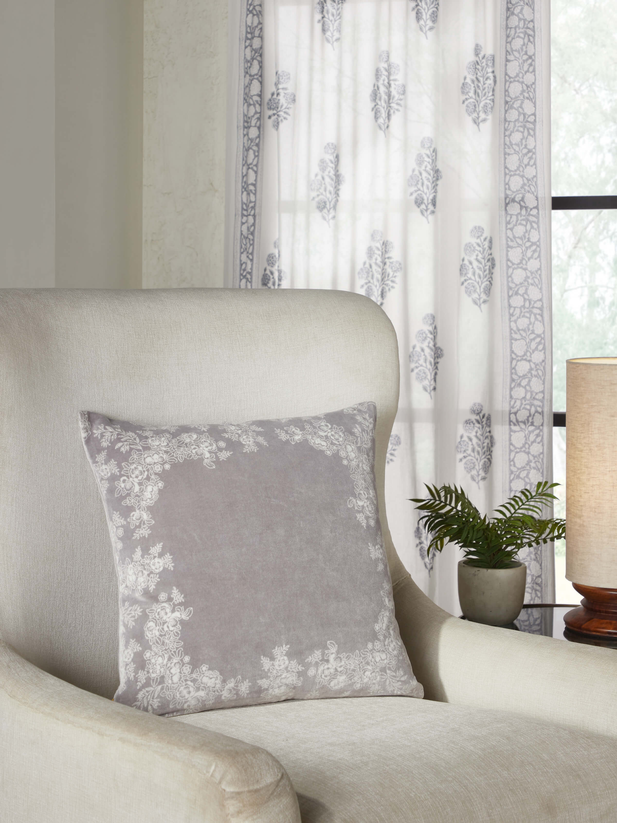 Shivranjini Grey Floral Cotton Velvet Sanganeri Hand Block Printed Cushion Cover