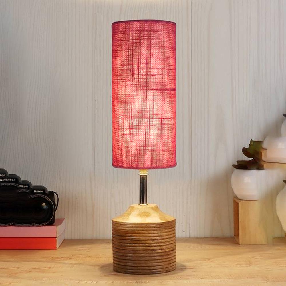 Amaya Wood Table lamp with Pink Jute Shade