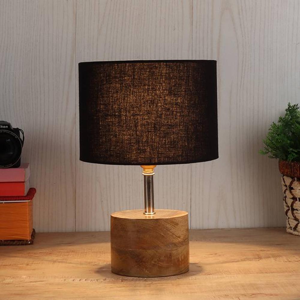 Millerd Black Fabric Shade Table Lamp with Natural Wooden Base