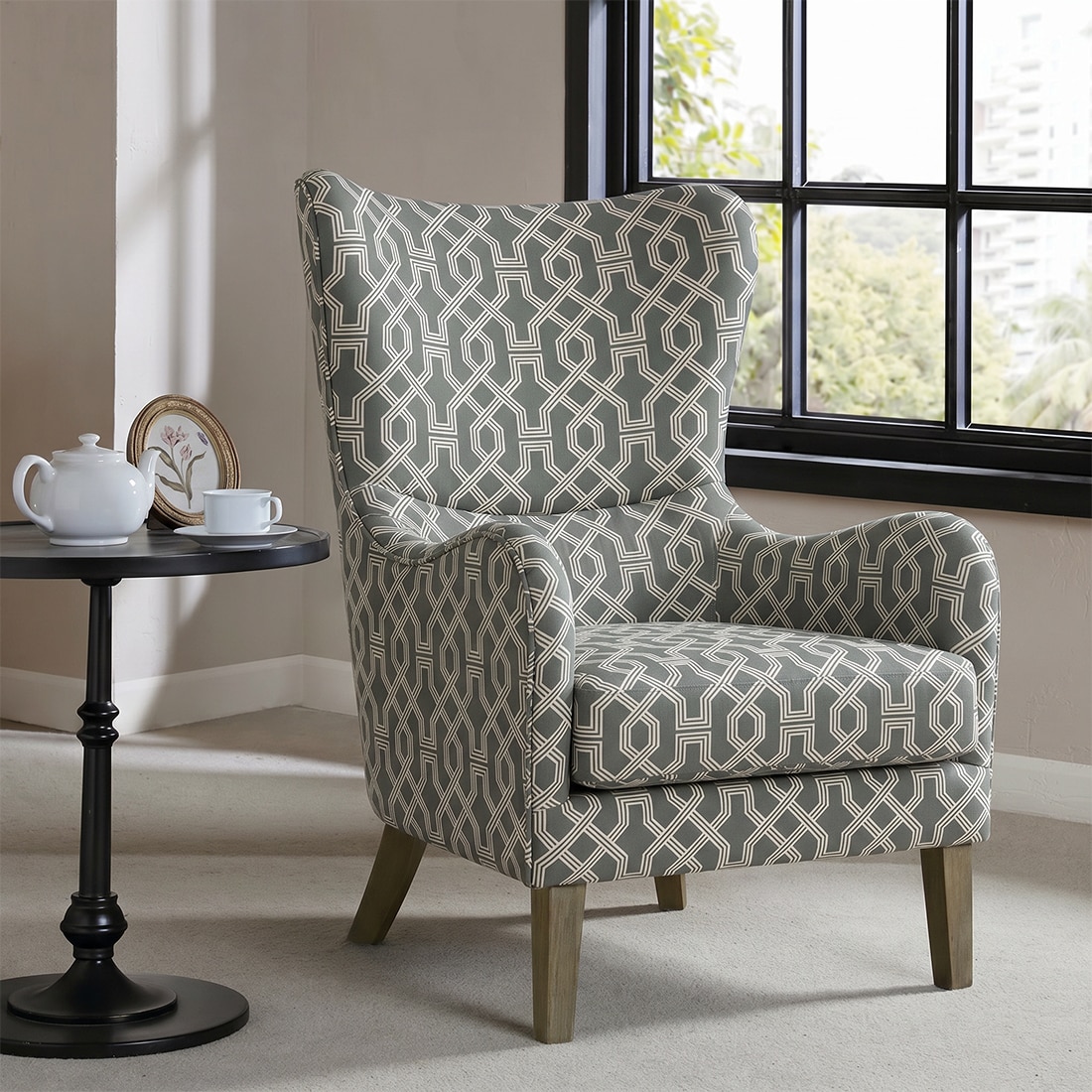 Carolina Printed Infinity Grid Fabric Wing Chair in Green Colour - KURSIWALLAH
