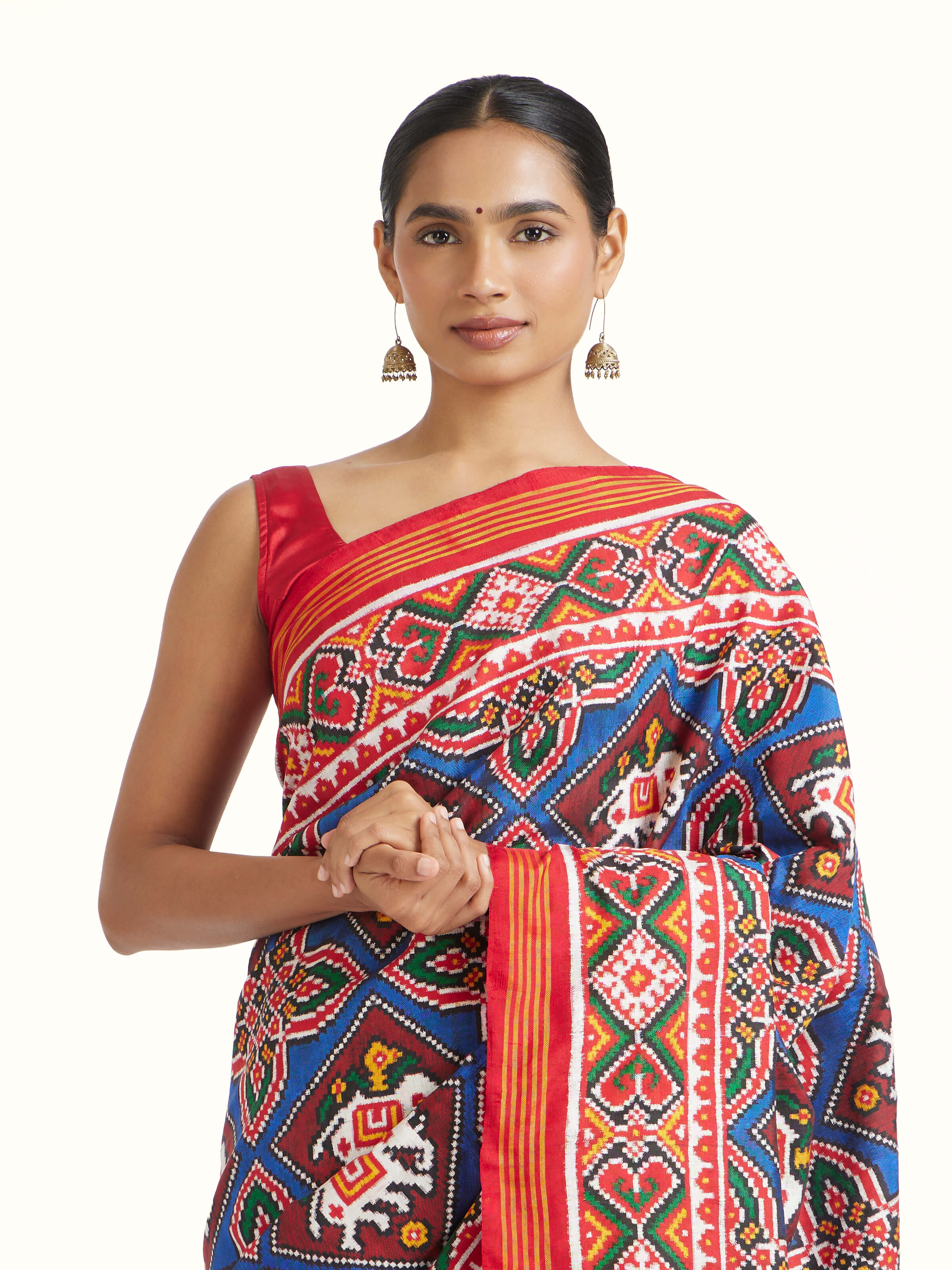 Draped detail view of the Navy Patan Patola Saree
