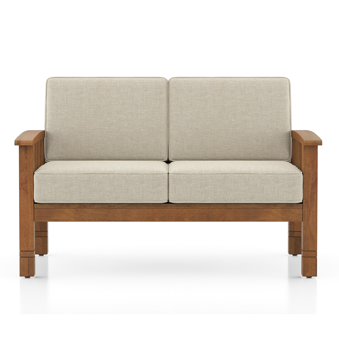 Raynor 2 Seater Wooden Sofa, Finish- Amber Walnut, Fabric- Macadamia Brown