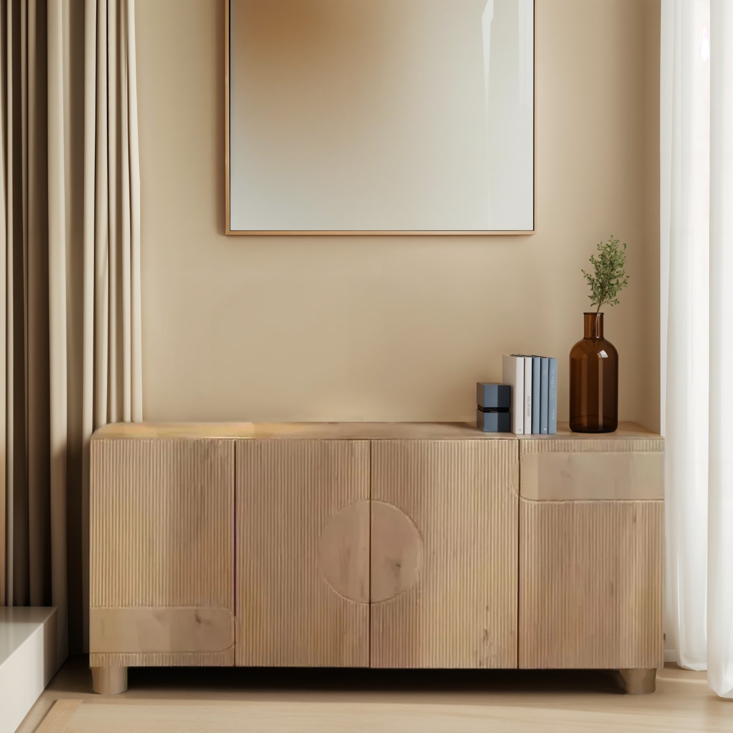 Amaze Solid Mango Wood Sideboard with 4 Door in White Wash Finish - Woodenmood