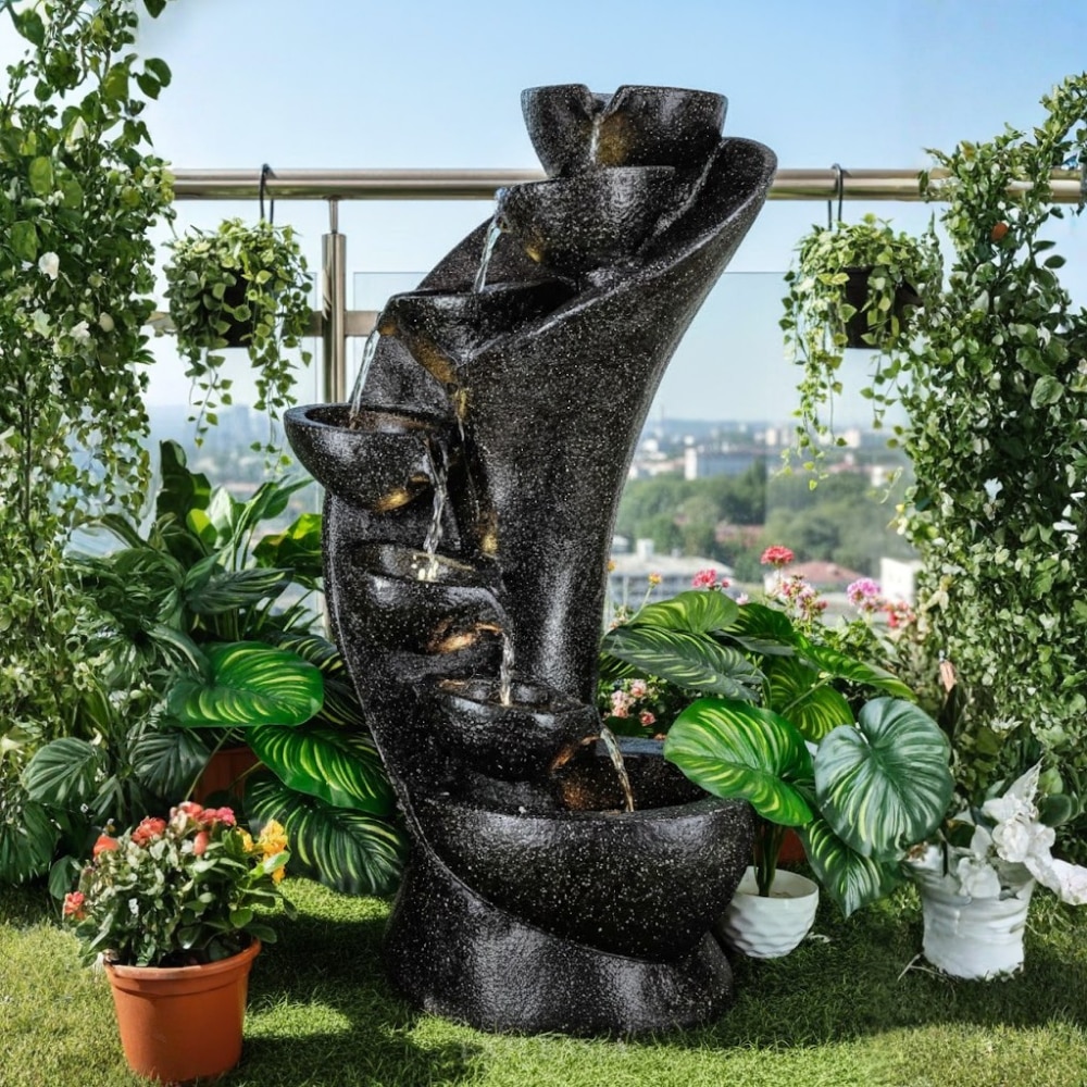 Black Fiber Glass 7 Stacked Chalice Water Fountain - Expleasia