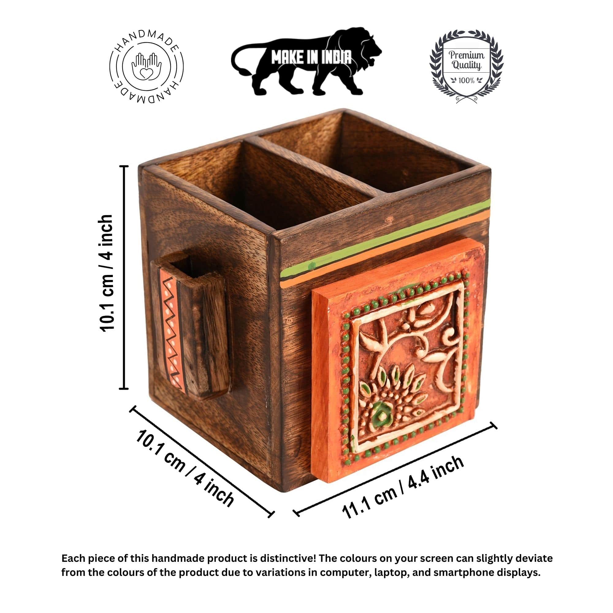 Cutlery Holder Handcrafted in Wood with Tribal Art (4.5x4x4")