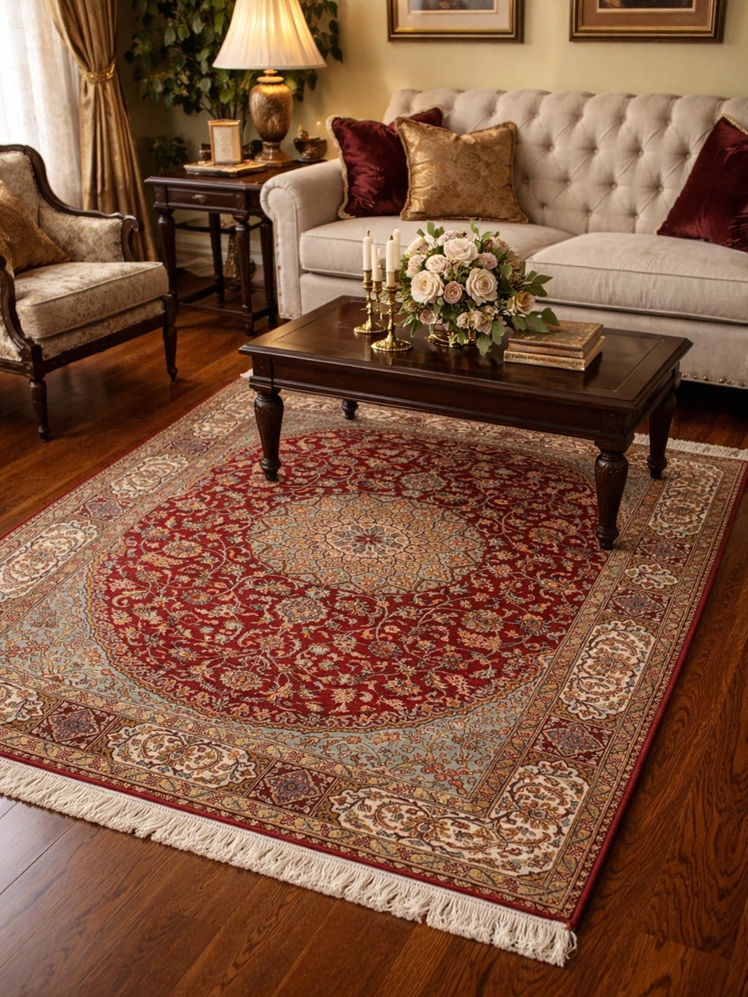 Traditional Persian Red Ivory Kerman Kashmir Silk Hand-Knotted Carpet