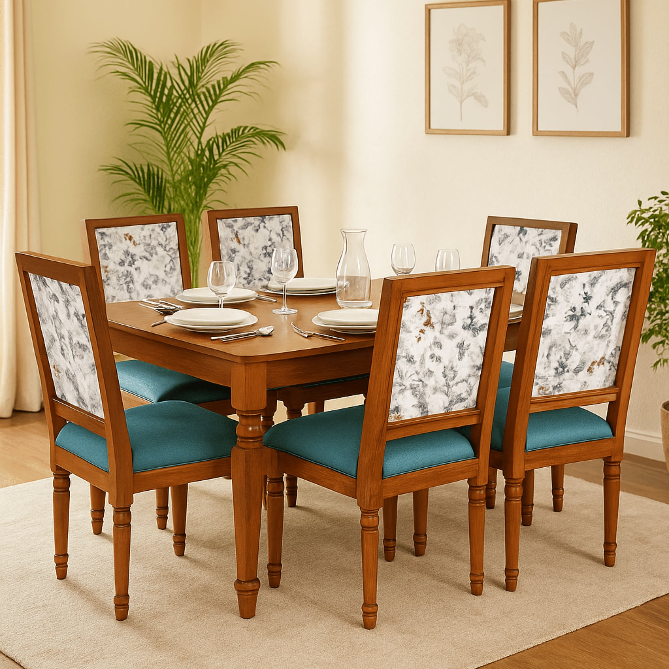 Globally Indian Sheesham Wood Turning Leg 6 Seater Dining Table Set With 6 Solid Wood Upholstered Chairs – In Blue Color