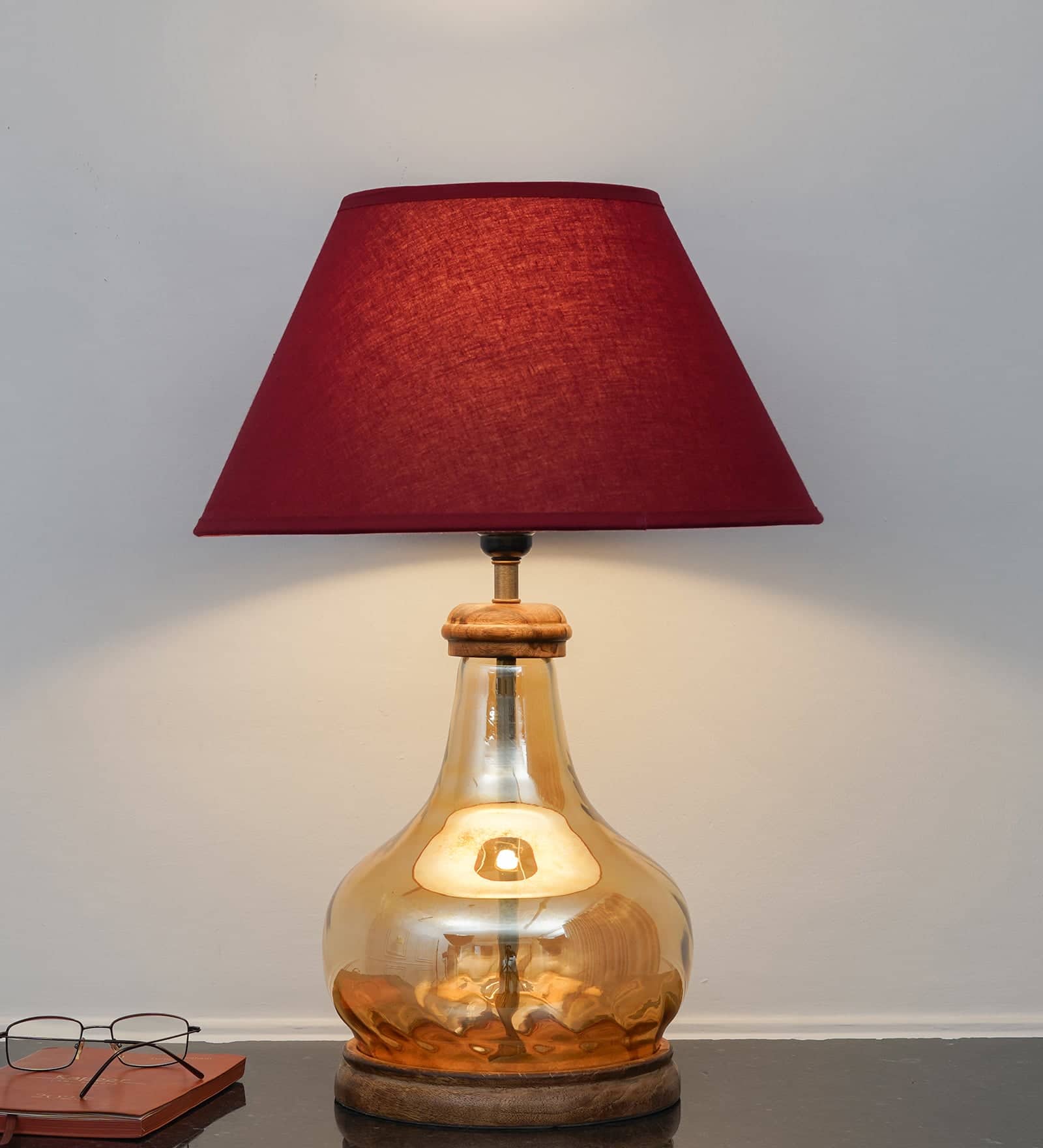AYANA Brown Wood and Amber Glass Table Lamp with Maroon Cotton Shade
