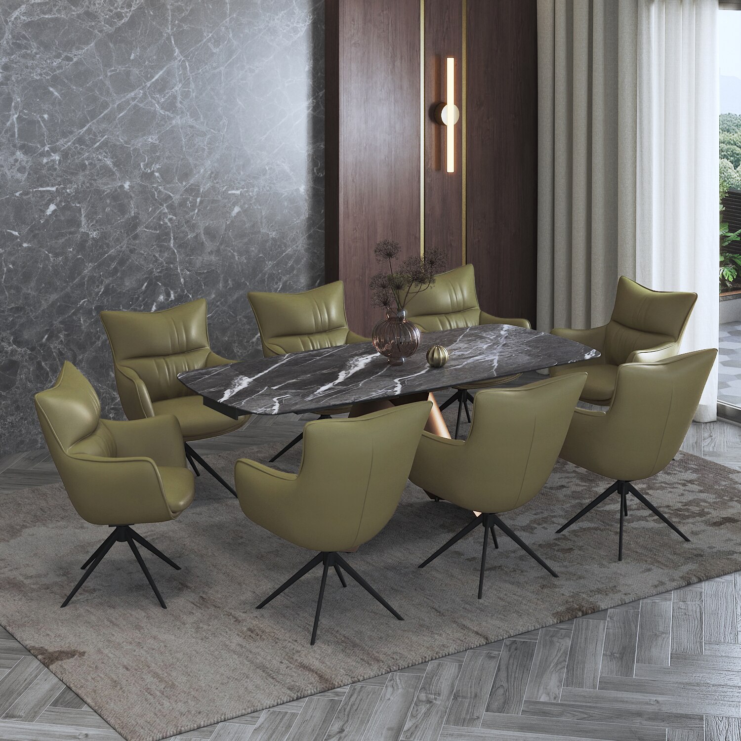 Aeris Ceramic 6 to 8 Seater Extendable Dining Table Black Jade With Set of 3 Beck Dining Chair Olive Leatherrete