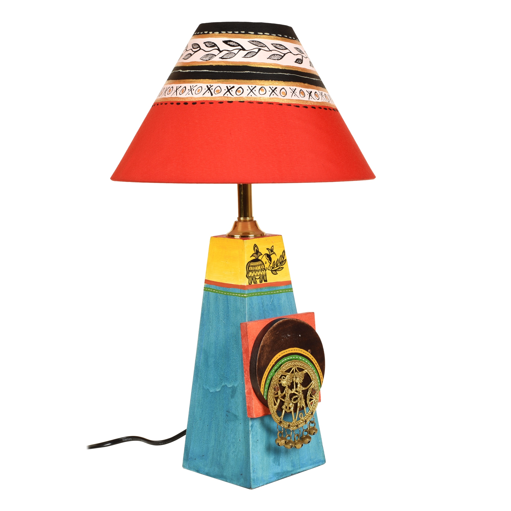 Turquoise Blue Lamp Embellished with Dhokra Brass Tiles & Red Shade