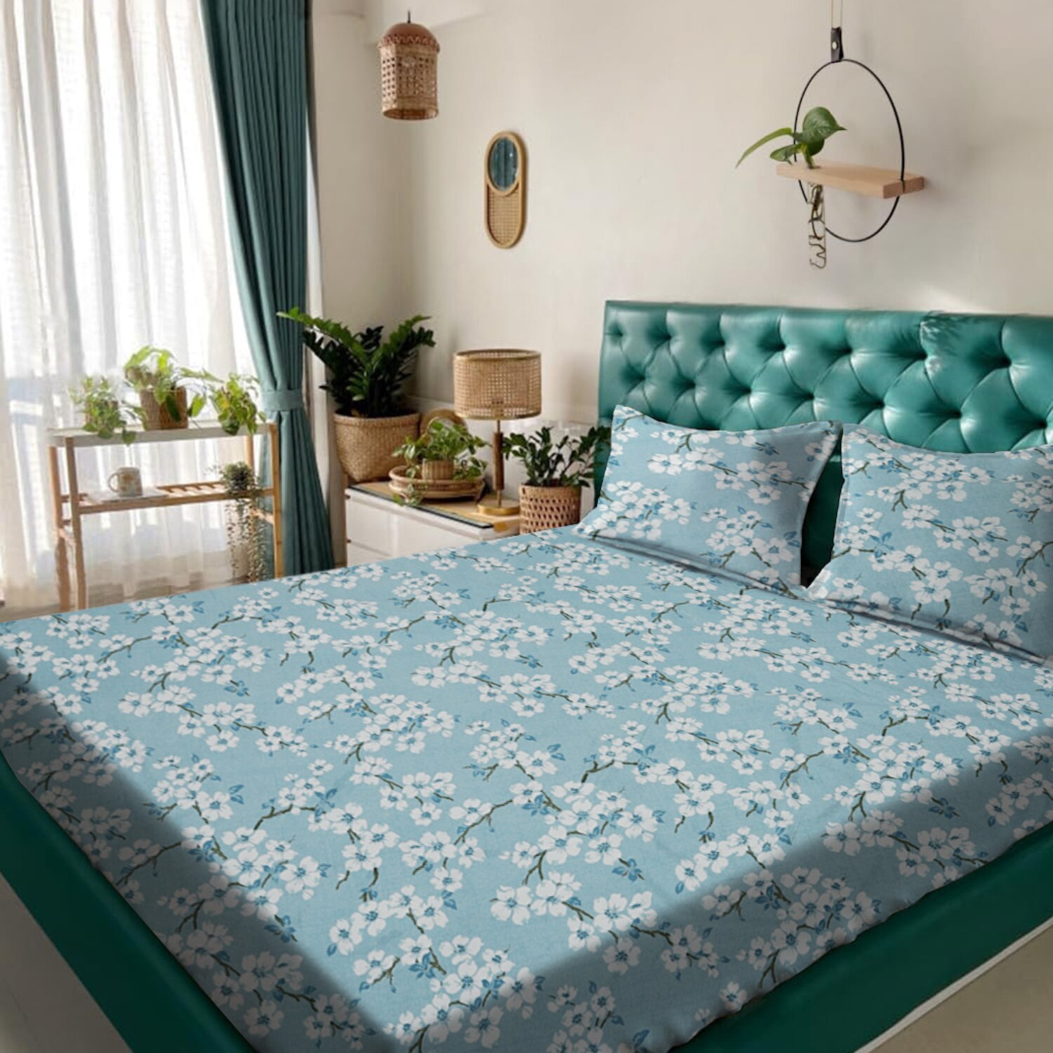 Blue Floral 180 TC Flat 1 Queen  Bedsheet with 2 Pillow Covers