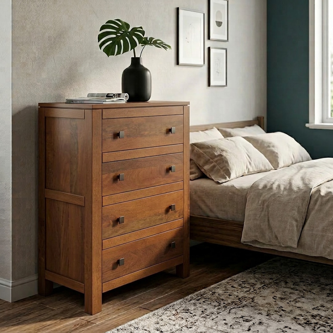 Walter Solid Wood Chest of Drawers in Amber Walnut Finish