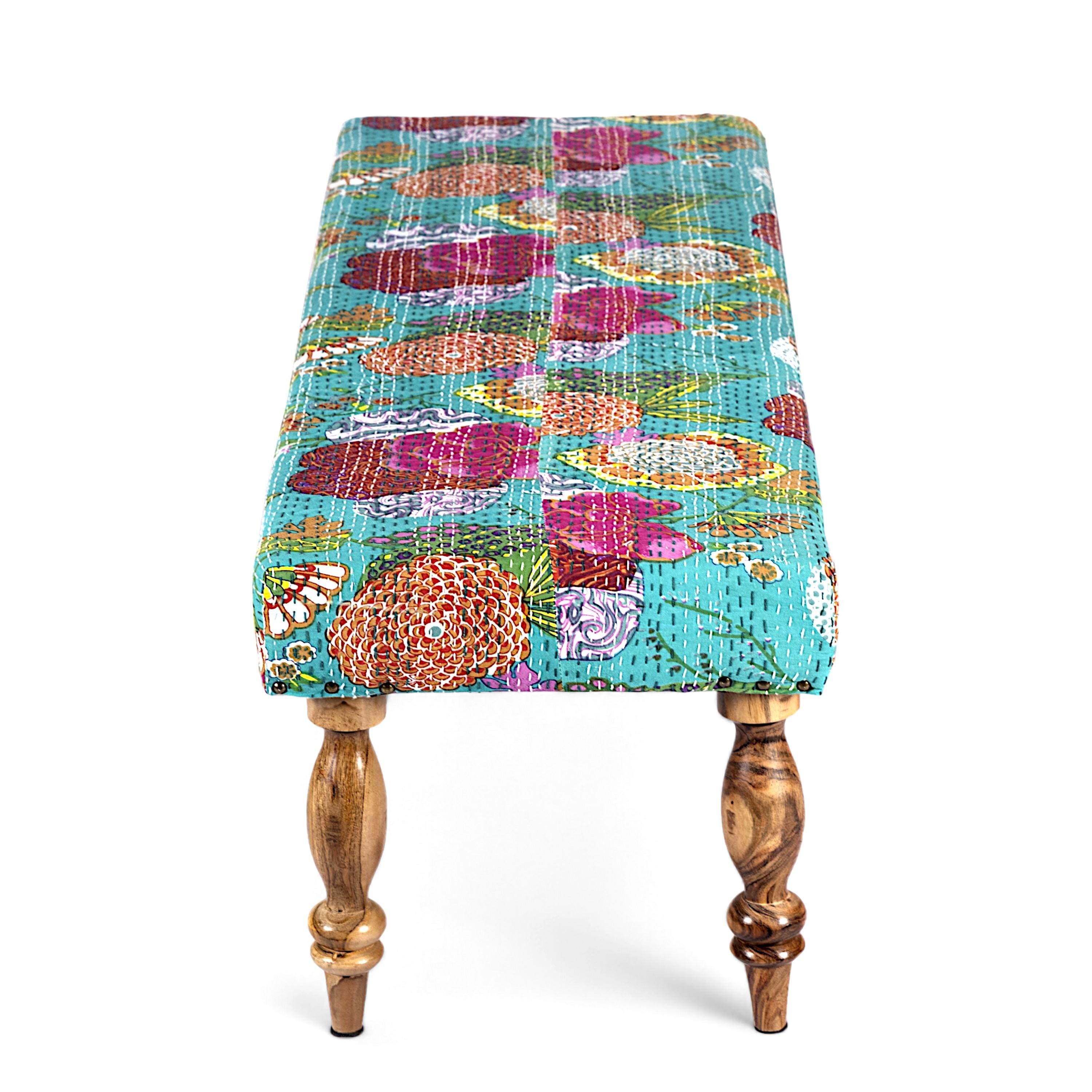 Cairo Solid Wood 2 Seater Bench In Floral Print Green Kantha Fabric