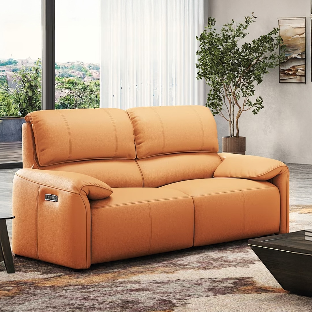 Leeroy Two Seater Leather Recliner Sofa in Marigold Colour