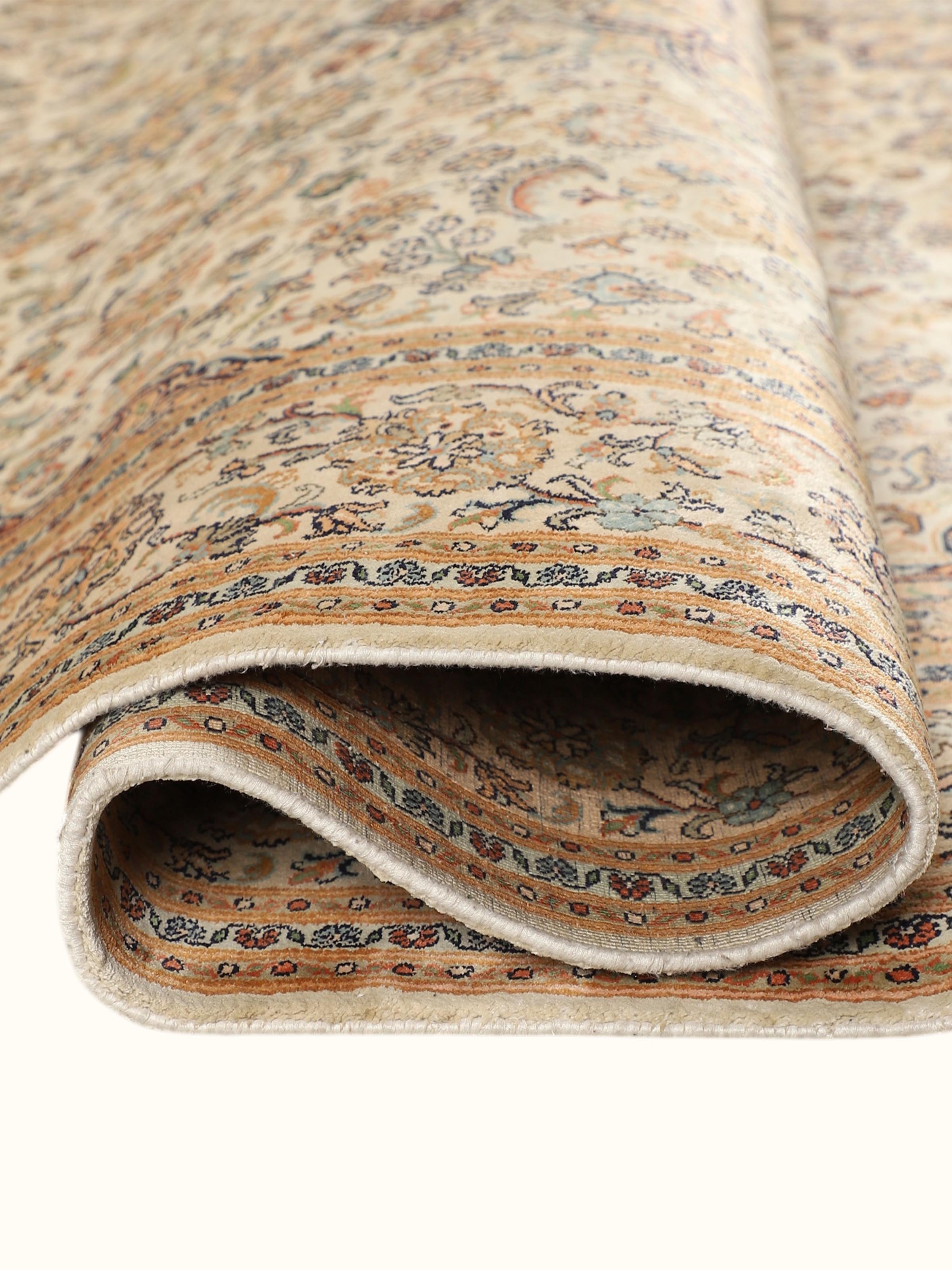 Traditional Persian Ivory Rust Kashan Kashmir Silk Hand-Knotted Carpet