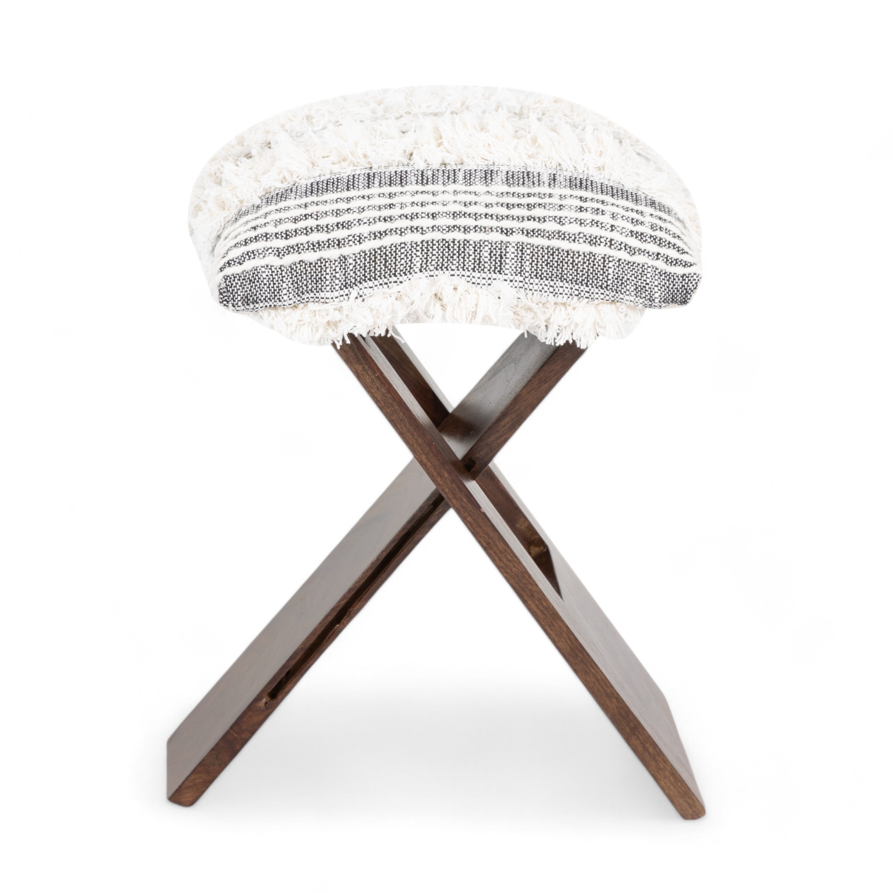 Dayton Sheesham Wood Mid Century Square Set of 2   Stools in Grey Fabric   Fringes Upholstery