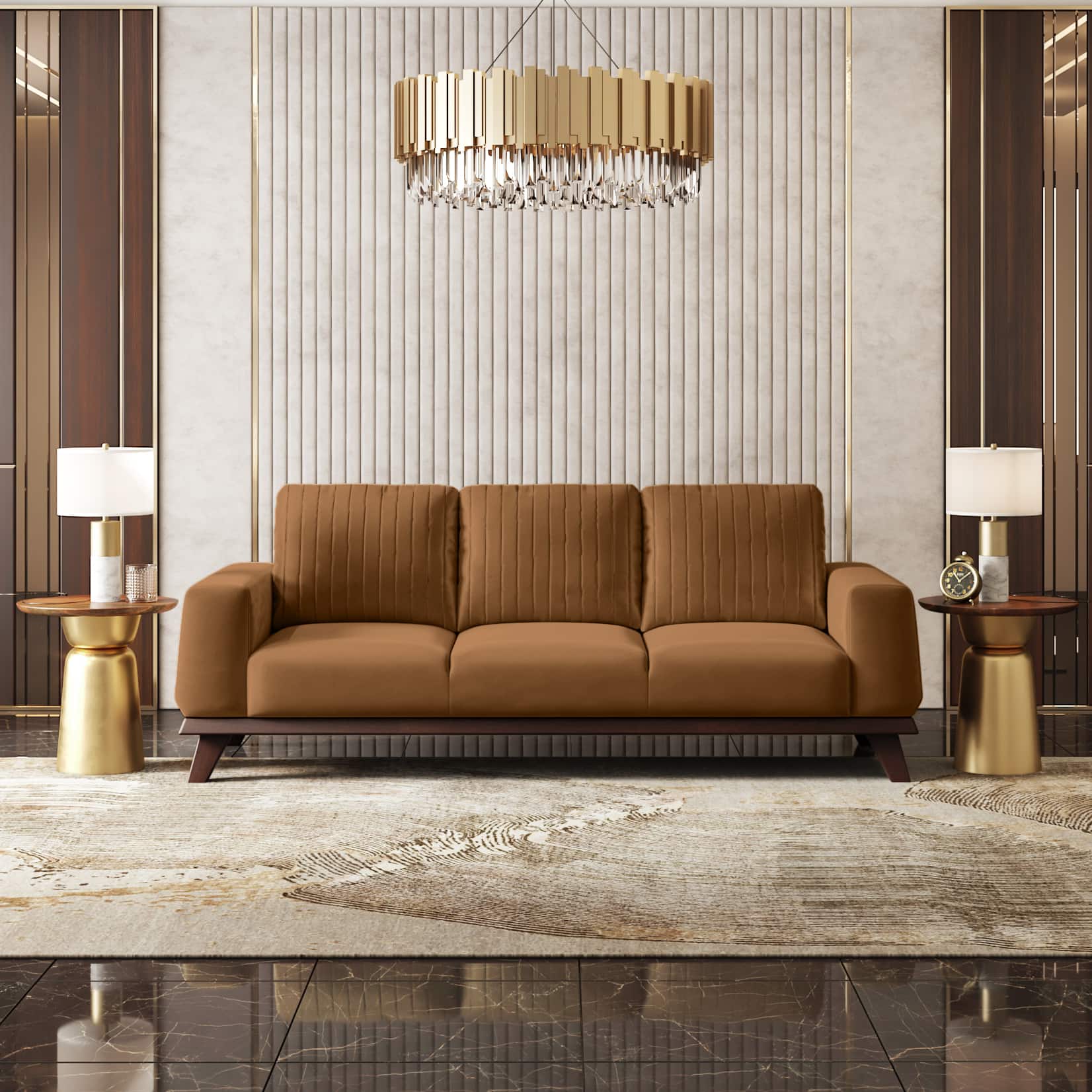 Granada Premium 3 Seater Fabric Sofa in Ochre velvet Colour - Urban Ladder