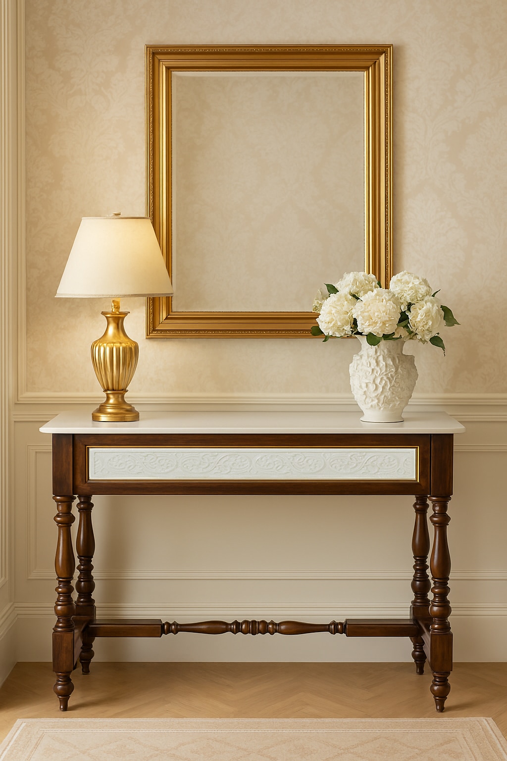 Walnut Finish Carved Marble & Sheesham Wood Console Table