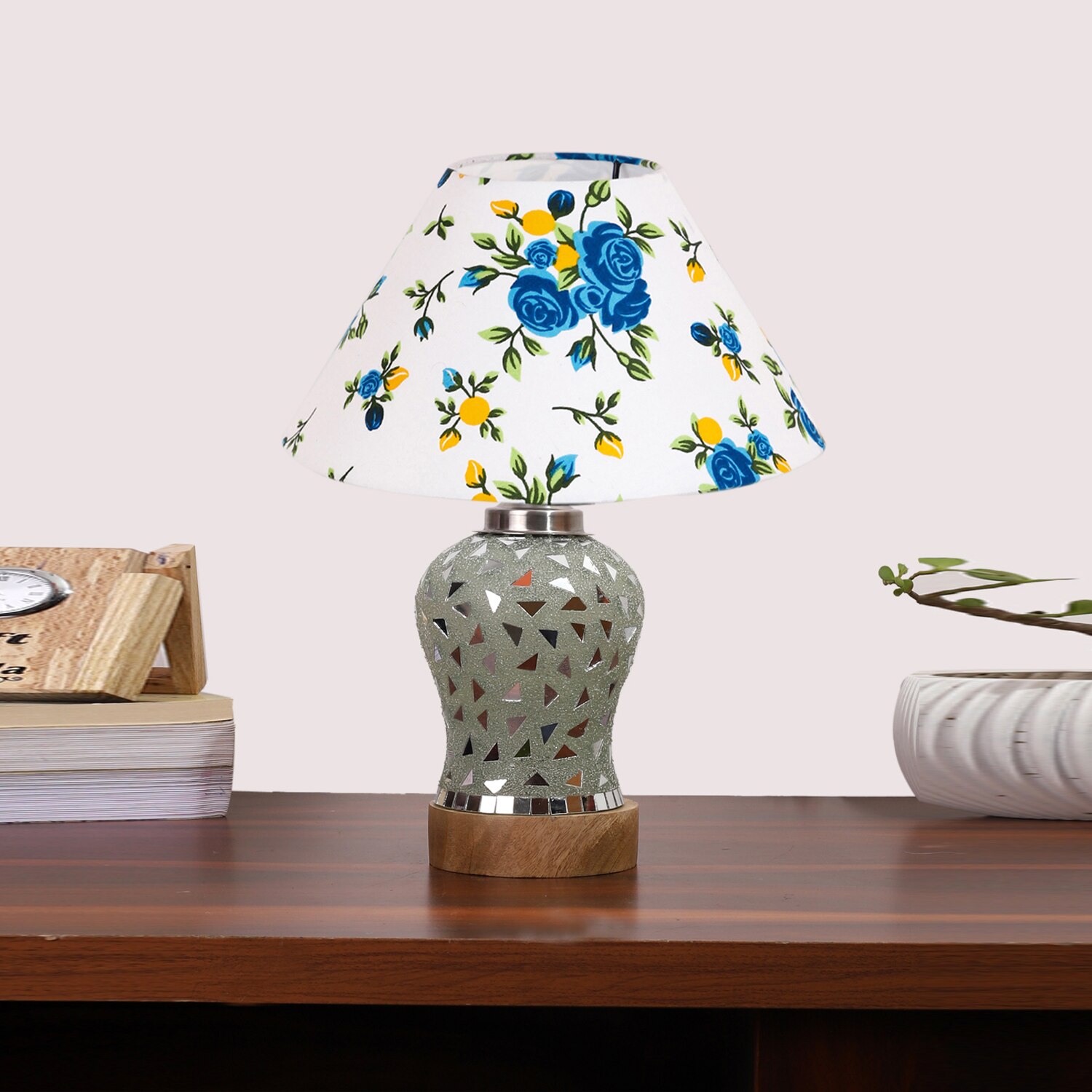 Devansh Conical Multi Cotton Shade Lamp With Wood & Mosaic Glass Base For Decoration/Office/Home/Gifting/Study For Decoration/Office/Home/Gifting/Study -(10X10X14.5) Inches -A