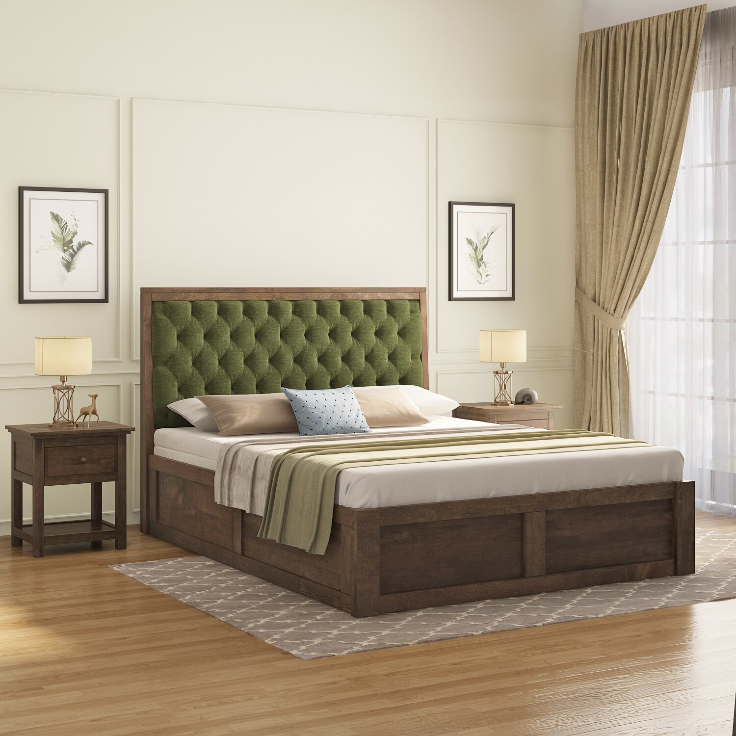Avon Solid Wood Queen Size Bed With Box Storage (Danish Walnut Finish, Moss Green Colour)