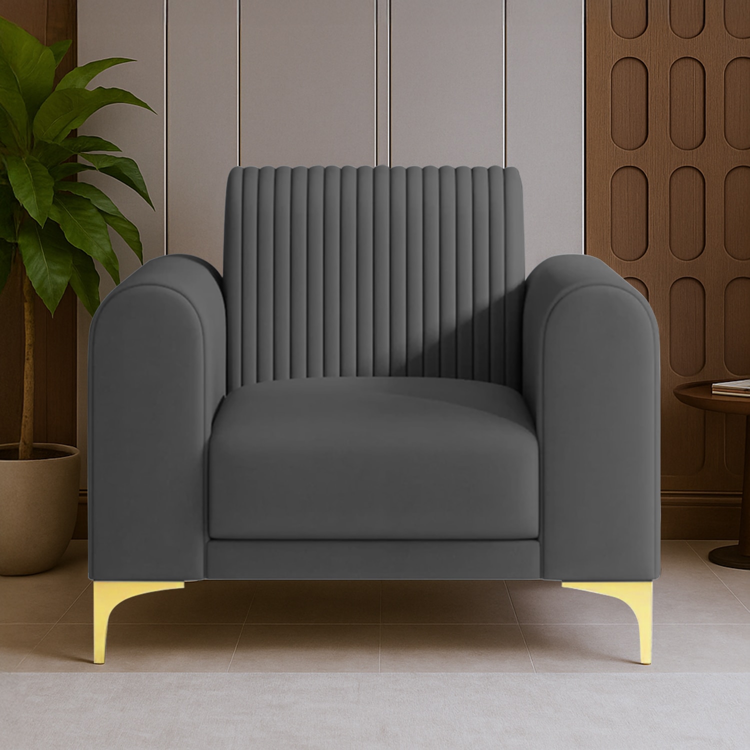 Veniza Velvet 1 Seater Sofa In Dark Grey Colour